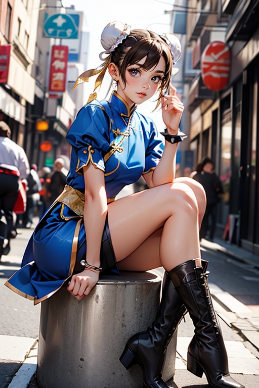 chunli,chun li,(brown eyes:1.7),brown hair,(bun cover:1.5),double bun,eyeliner,hair bun,lipstick,makeup,pink lips,BREAK blue dress,boots,bracelet,brown pantyhose,china dress,chinese clothes,cross-laced footwear,dress,gold trim,jewelry,pantyhose,pelvic curtain,puffy sleeves,sash,short sleeves,side slit,spiked bracelet,spikes,white footwear,BREAK outdoors,BREAK looking at viewer,full body,BREAK <lyco:GoodHands-beta2:1>,(masterpiece:1.2),best quality,high resolution,unity 8k wallpaper,(illustration:0.8),(beautiful detailed eyes:1.6),extremely detailed face,perfect lighting,extremely detailed CG,(perfect hands, perfect anatomy),