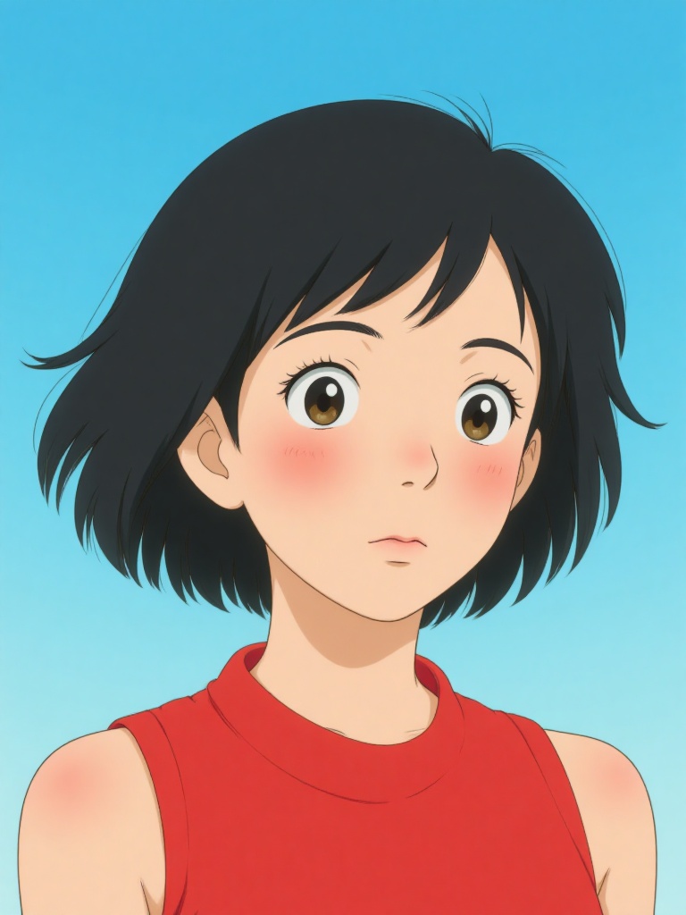 cpppppi,Anime-style digital drawing of a young woman with short black hair,large expressive eyes,and rosy cheeks. She wears a sleeveless red dress,set against a gradient blue sky background. The art style is clean and vibrant,with smooth lines and soft shading.,Ghibli character style,