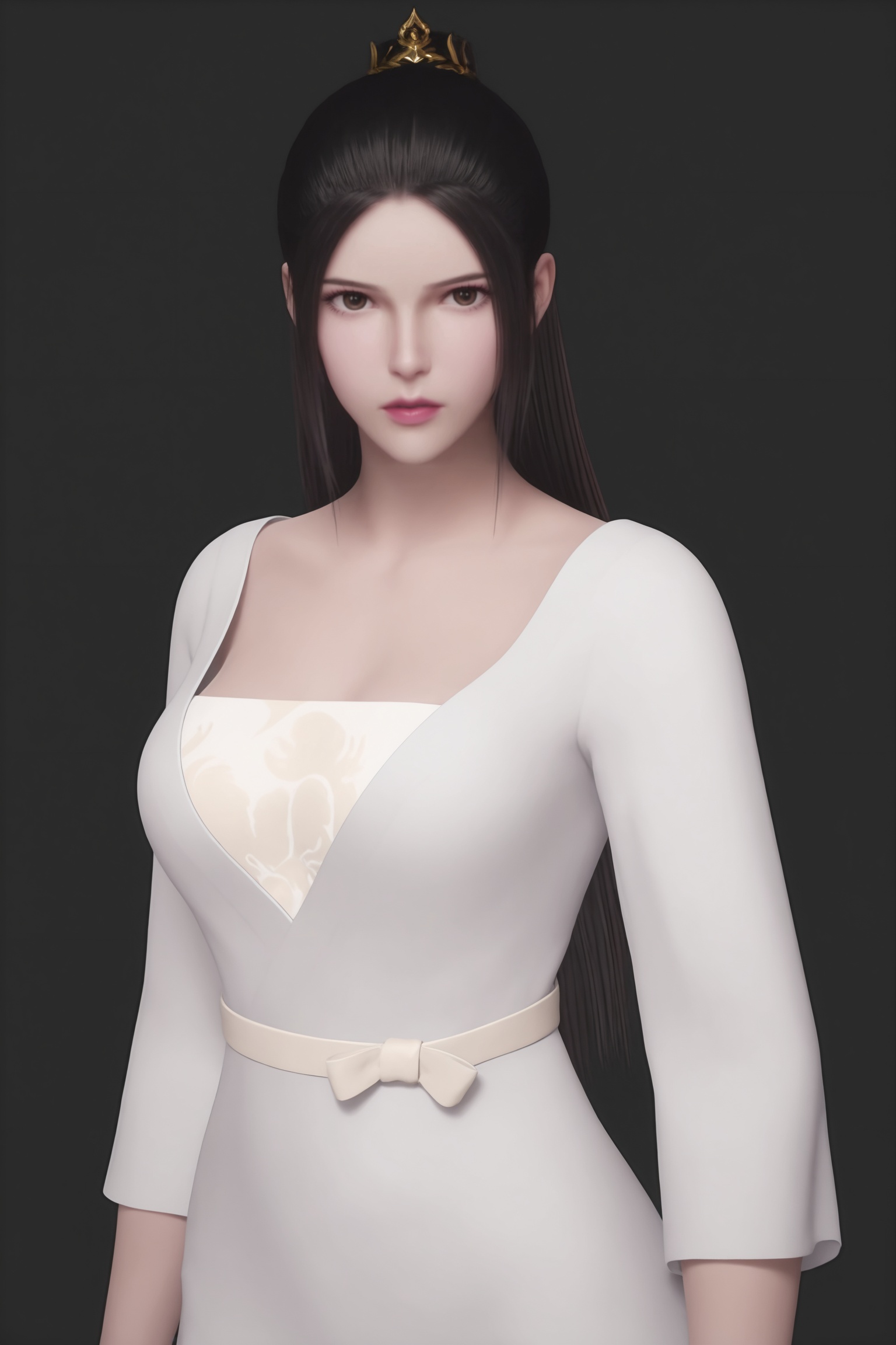 upper body,black background,standing,looking at viewer,<lora:武神主宰-幽千雪IL:0.7>,1girl,long and dark hair tied with red ribbon,flowing,white,long-sleeved dress,slightly transparent,cinched waist,white belt,revealing her toned legs,
