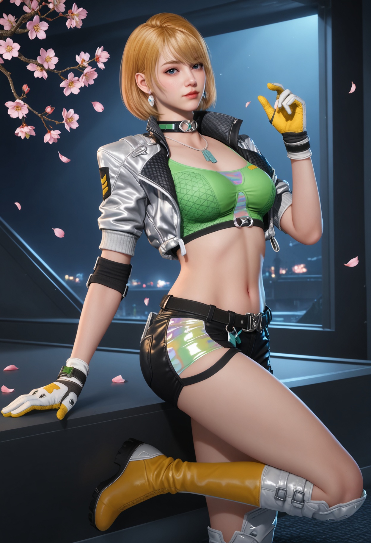 (full_body:1.1),looking at viewer:1.1,masterpiece,(best quality),smog,Dark room,dim lighting,peach blossom,falling petals,<lora:YQ_Illustrious光辉v5_茉莉_V1:0.8>,q1528437228,1girl,blonde hair,jacket,short hair,solo,gloves,jewelry,cropped jacket,crop top,earrings,choker,shorts,short shorts,open jacket,black shorts,boots,dog tags,knee pads,blue eyes,necklace,white gloves,belt,