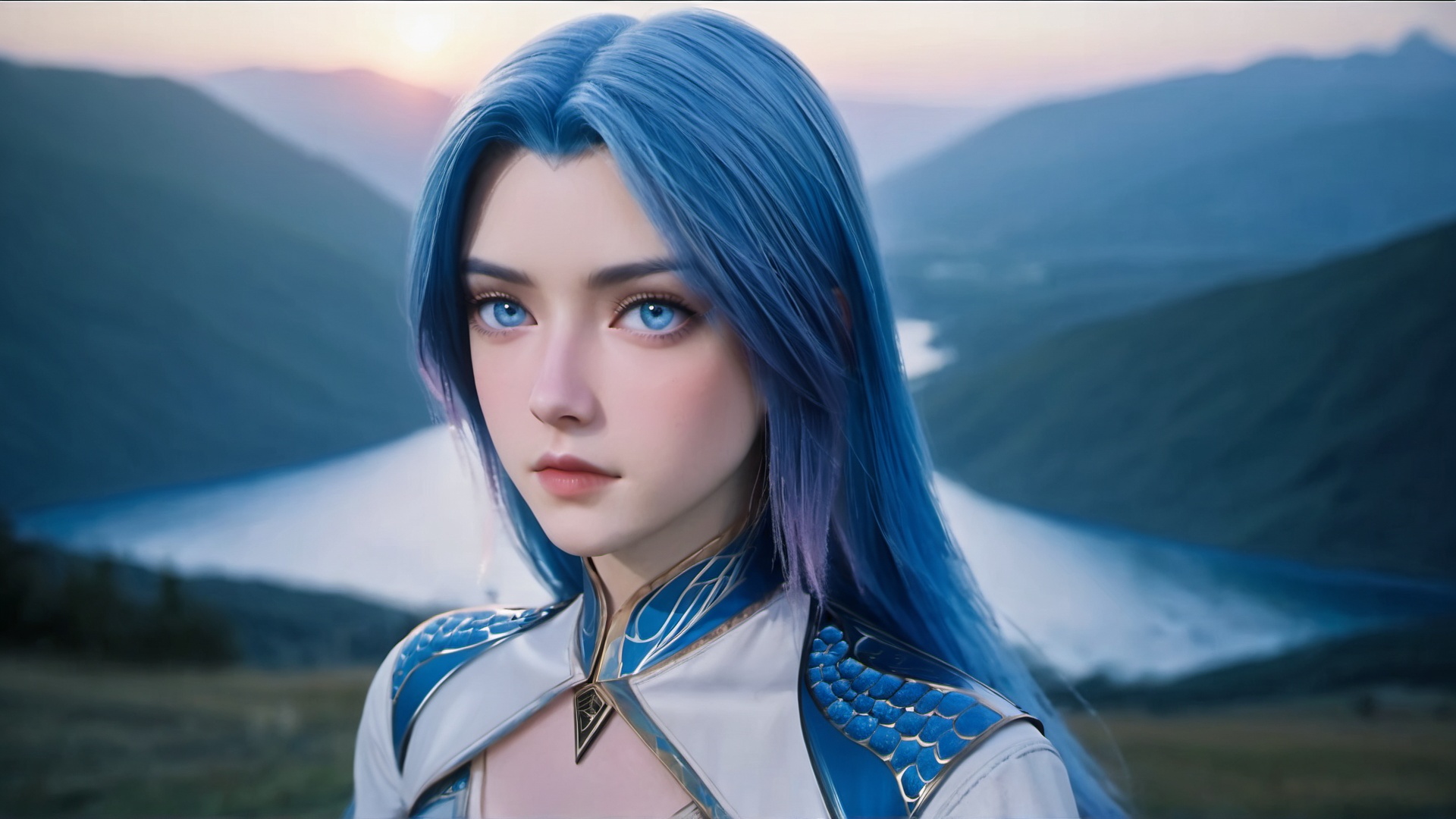 1girl,solo,long hair,blue hair,gradient hair,blue eyes,dress,looking at viewer,outdoors,very beautiful scenery,morning,glow,backlighting,retro film filter,fuji negative film filter,portrait,realistic,Highly detailed,(ultra-detailed),(best quality,masterpiece:1.5),<lora:斗罗大陆2绝世唐门-王秋儿XL:0.75>,
