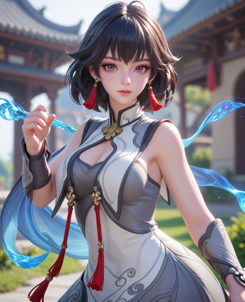 (oriental architecture, elegant decor, sophisticated style:1.1),(Turning her head slightly, eyes gazing through lowered lashes, she radiates a smoldering intensity:1.1),(large breasts:1.2),<lora:XL16王者荣耀元流之女流:0.95>,miss yuanliuzhinv,white paired with gray dress,shrug \(clothing\),purple eyes,black hair,short hair,tassel earrings,gauntlets,high heel boots,, score_9,score_8_up,score_7_up,score_6_up,score_5_up,score_4_up,3d rendering,tag1,tag2, Cinematic Lighting,backlighting,, zPDXL3, zPDXL2,zPDXL, zPDXLxxx, zPDXLrl,