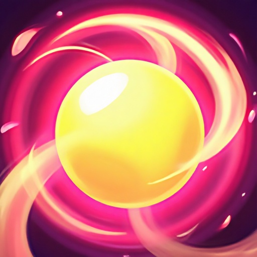 A glowing yellow orange sphere surrounded by rotating,bright pink and red flames. The smooth and dynamic strokes in the background create a sense of movement and energy.,