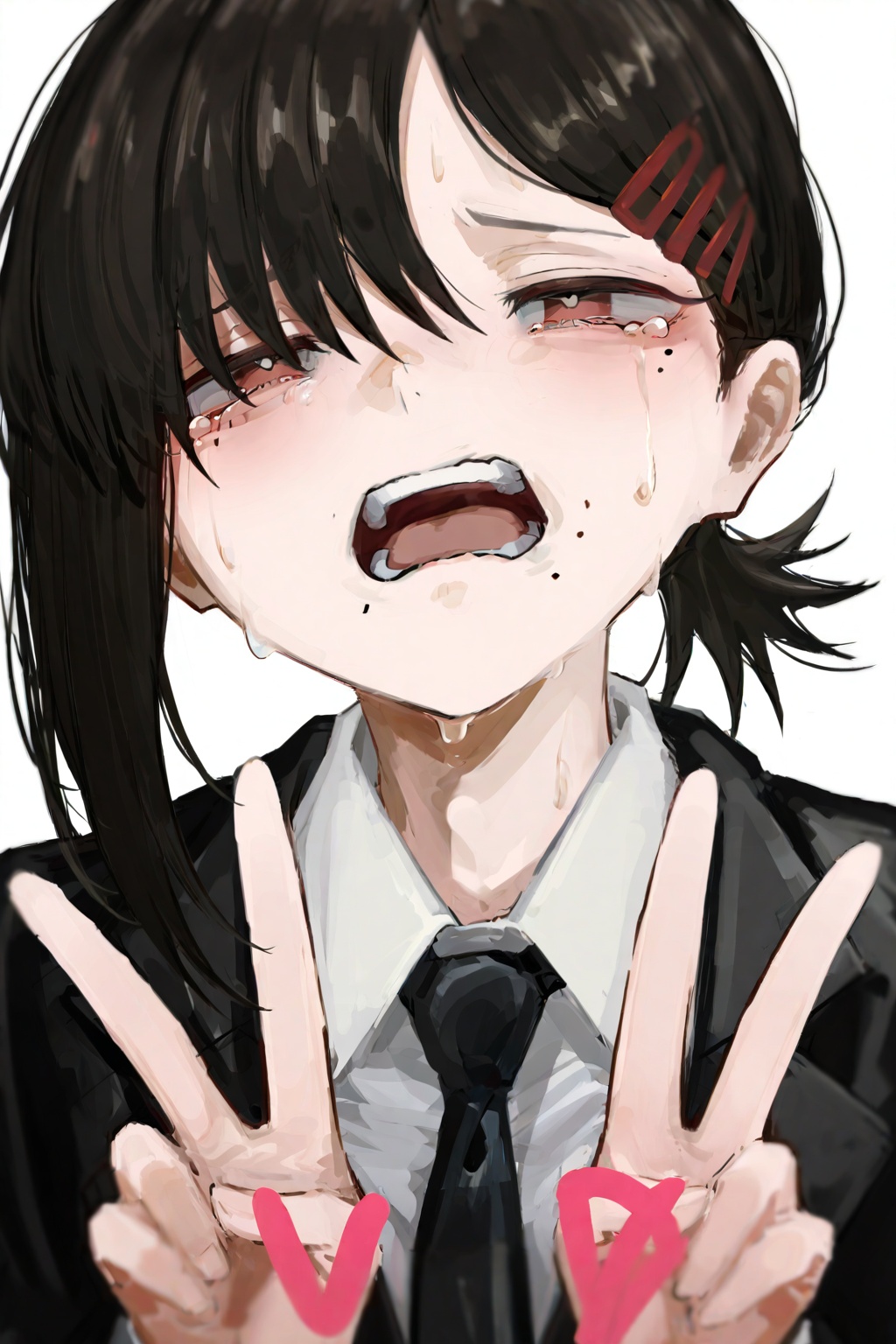 highres,absurdres,Visual impact,masterpiece,amazing quality,best quality,very aesthetic,very awa,newest,<lora:pikuson-Style-000060>,1girl, higashiyama kobeni, solo, mole, v, double v, necktie, black necktie, black hair, simple background, white background, shirt, hairclip, collared shirt, hair ornament, mole under eye, black jacket, open mouth, mole under mouth, white shirt, single sidelock, formal, suit, jacket, sweat, short hair, upper body, short ponytail, suit jacket, tears, medium hair, looking at viewer, crying, multiple moles, teeth