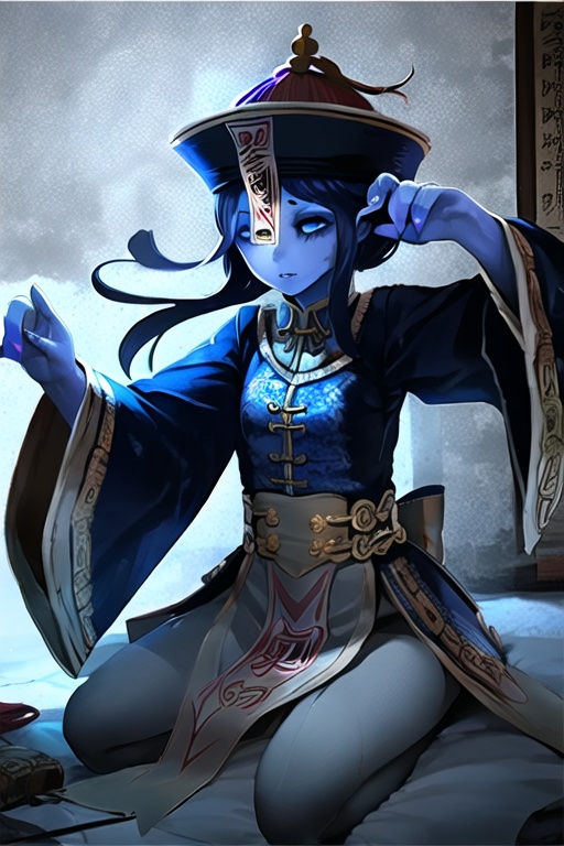 1girl,wsjs,jiangshi,chinese zombie,yellow paper,spell,