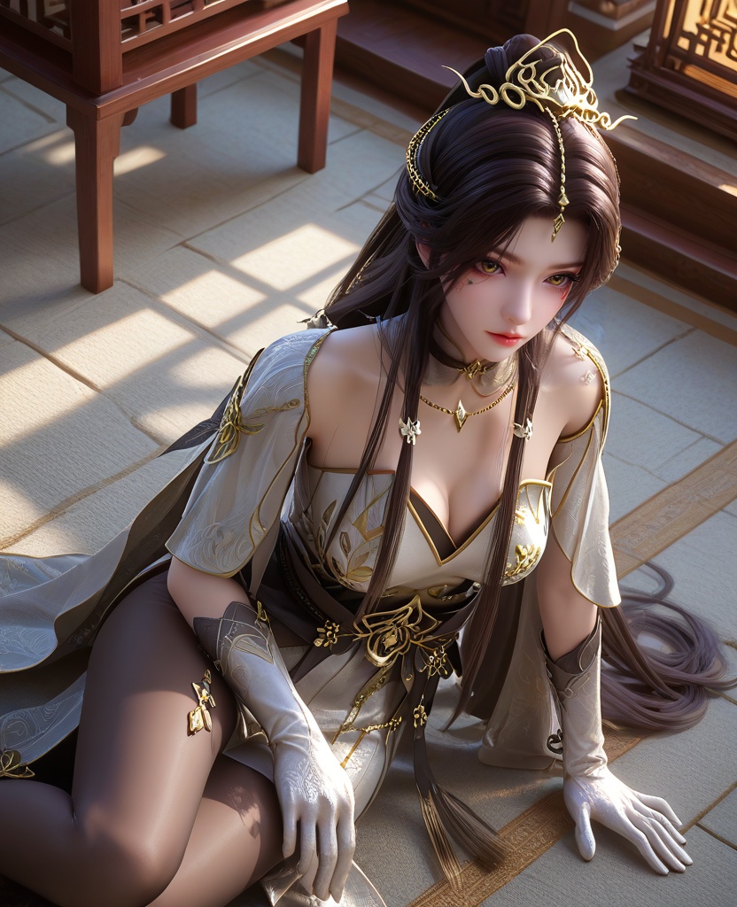 (oriental architecture, elegant decor, sophisticated style:1.1),(Elbows on knees, head resting on her hands,:1.1),From a high-angle vantage point,looking downwards,(large breasts:1.2),<lora:XL16云深不知梦羲和白色战斗服:0.95>,miss xihe,silvery white tiered dress,shawl,yellow eyes,facial mark,black hair,absurdly long hair,traditional chinese updo with long front strands,hair ornament,jewelry,sash,gloves,tights with attached boots,, score_9,score_8_up,score_7_up,score_6_up,score_5_up,score_4_up,3d rendering,tag1,tag2, Cinematic Lighting,backlighting,
