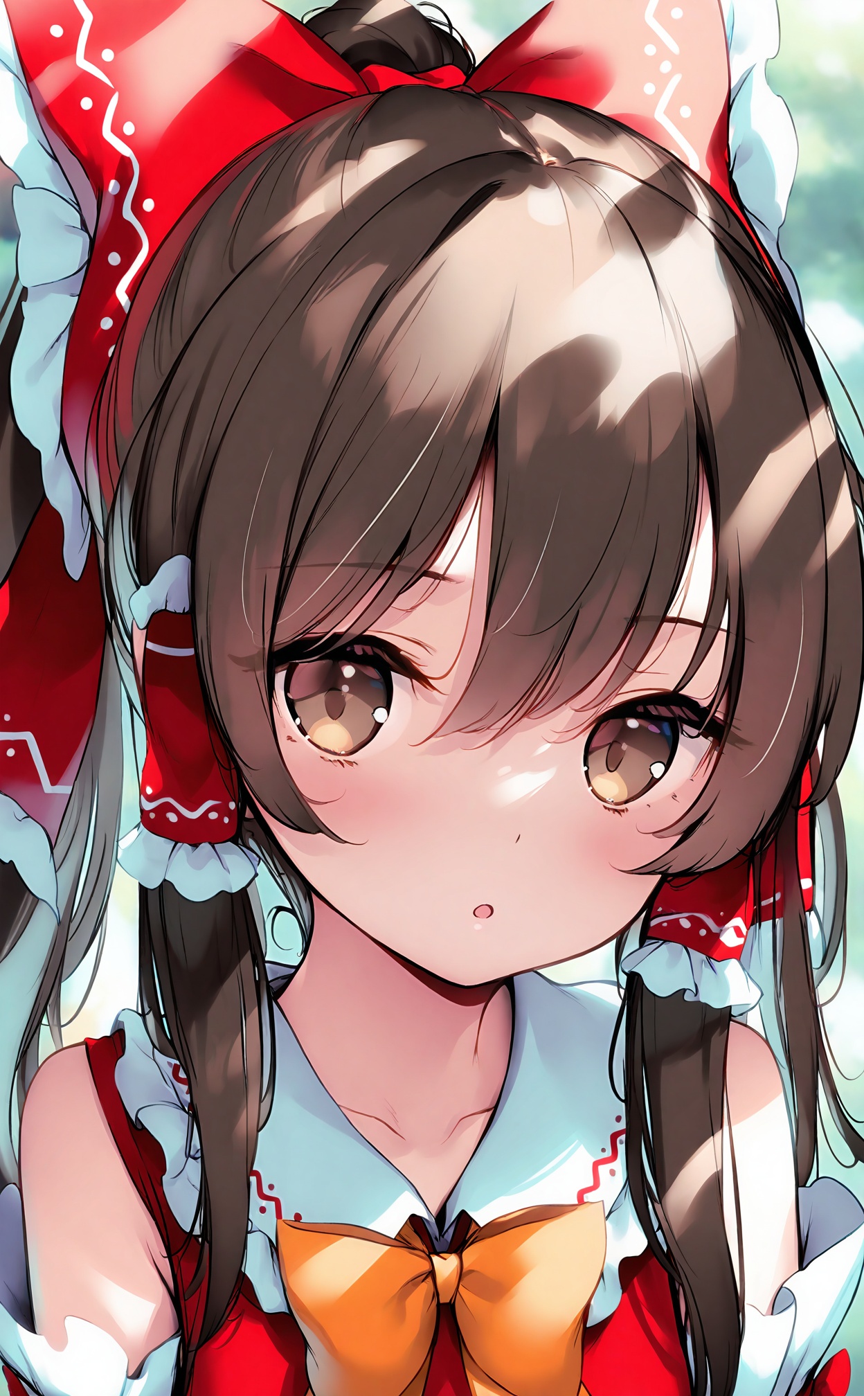 masterpiece,highres,absurdres,newest,best quality,loli,petite,high quality,chromatic_aberration,aqua theme,//,1girl, bow, solo, hakurei_reimu, hair_tubes, hair_bow, bowtie, brown_hair, red_bow, yellow_bowtie, long_hair, looking_at_viewer, collarbone, brown_eyes, yellow_bow, frills, orange_bowtie, sidelocks, frilled_bow, frilled_shirt_collar, orange_bow, bare_shoulders, upper_body, parted_lips, hair_between_eyes, :o, detached_sleeves, blush, blurry, portrait, blurry_background, open_mouth, frilled_hair_tubes, dress, sleeveless, red_dress, ponytail, collared_dress//,<lora:keta——【noob】hans:1>,