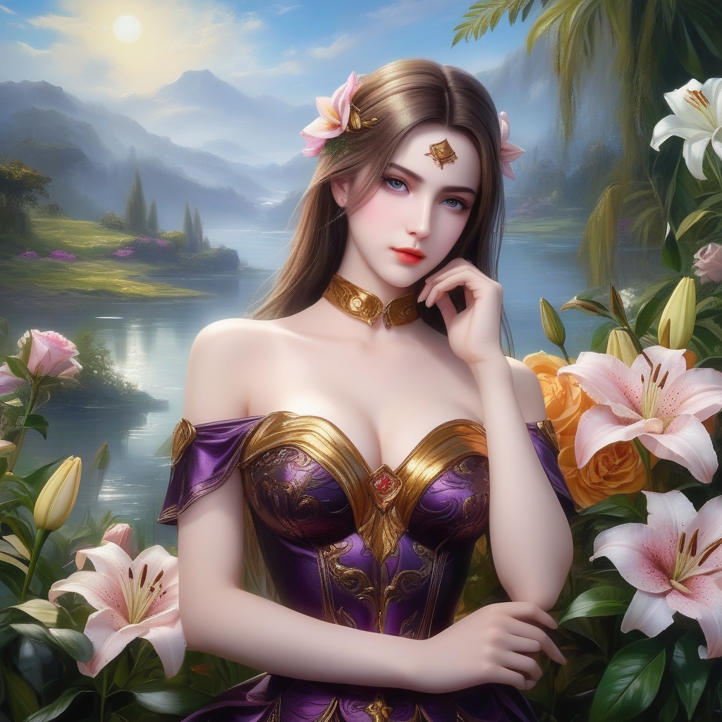 <lora:846-DA-XL-武庚纪-天使圣王:0.8>, (,1girl, ,best quality, ),,  ,ultra detailed 8k cg,ultra realistic 8k cg,1girl, solo,(bare shoulders:0.85),(masterpiece, best quality),((oil painting style)),sexy young lady,(beautiful face and eyes),(upper body:1.5),(whole body:1.05),(single person:1.2),surrounded by flowers, (lily), roses, floret, vegetation, white, purple, purplish pink,Impressionism,colorful,(Breast size:1.3),(cleavage),,