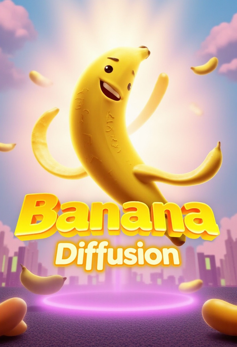 A vibrant and surreal scene featuring a golden banana levitating in the center,  surrounded by glowing,  ethereal light. T...