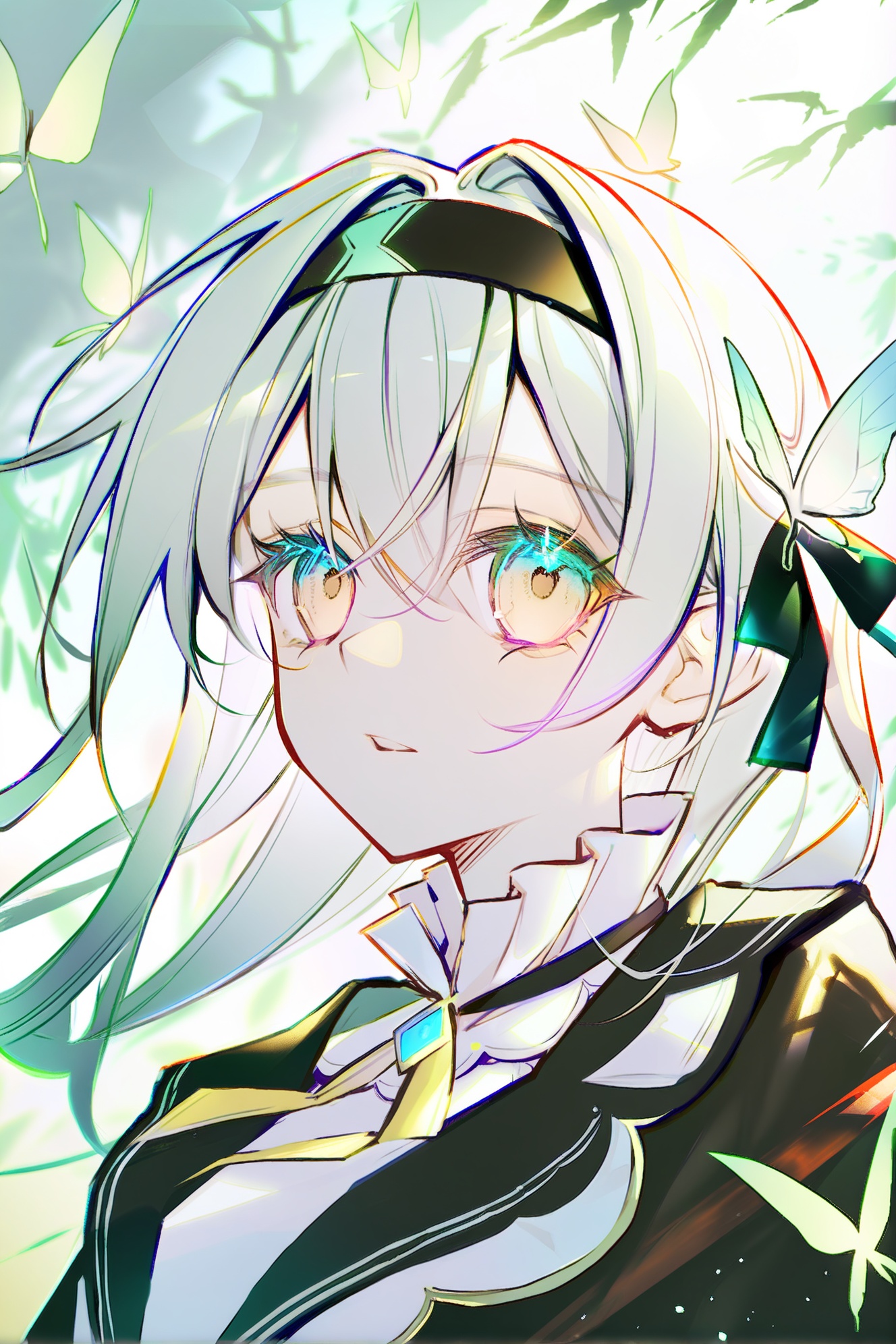 kinokohime, 1girl, solo, long hair, looking at viewer, hairband, black hairband, ribbon, bug, jacket, butterfly, parted lips, hair intakes, hair ribbon, grey hair, black jacket, black ribbon, white shirt, upper body, shirt,firefly