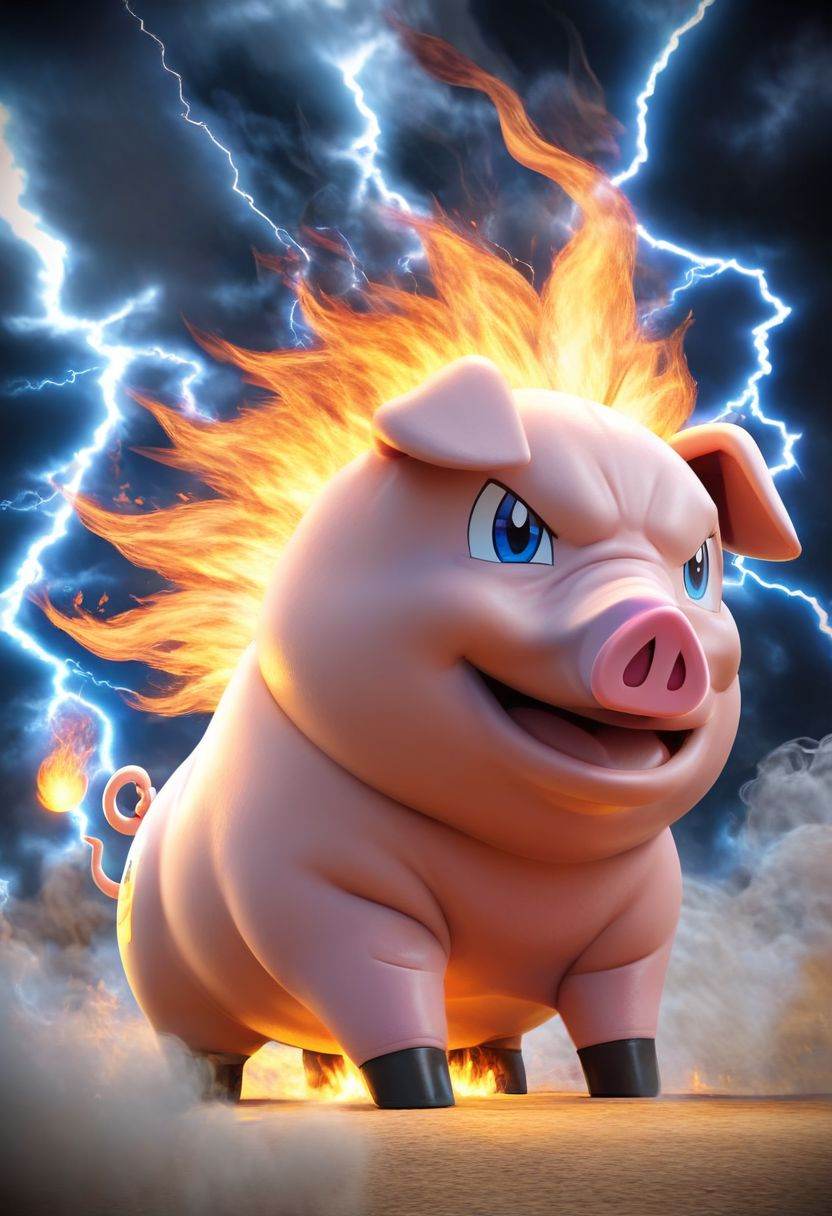 Pokemon (Pig Rings), Fire, whole body, Smoke, Lightning, HD, Masterpiece, best quality