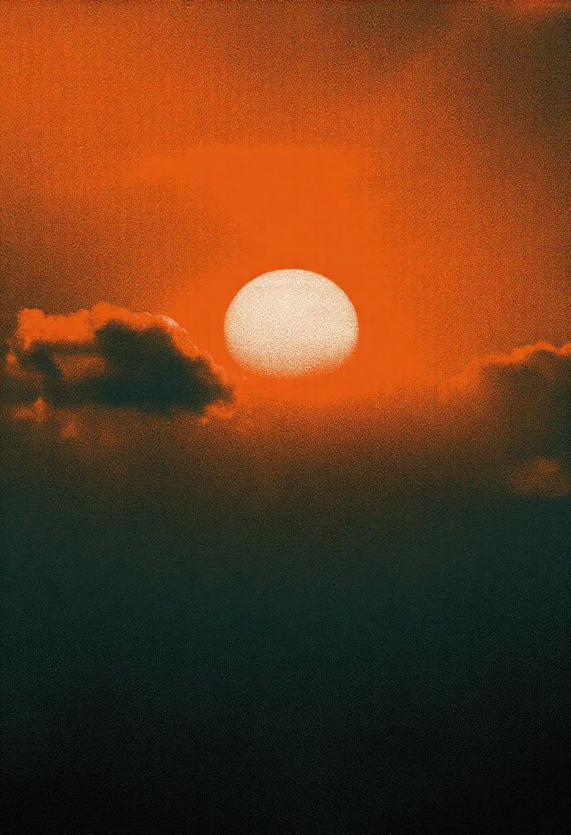 This image is a digital artwork featuring a stylized,  abstract depiction of a sunset. The scene is dominated by a vibrant...