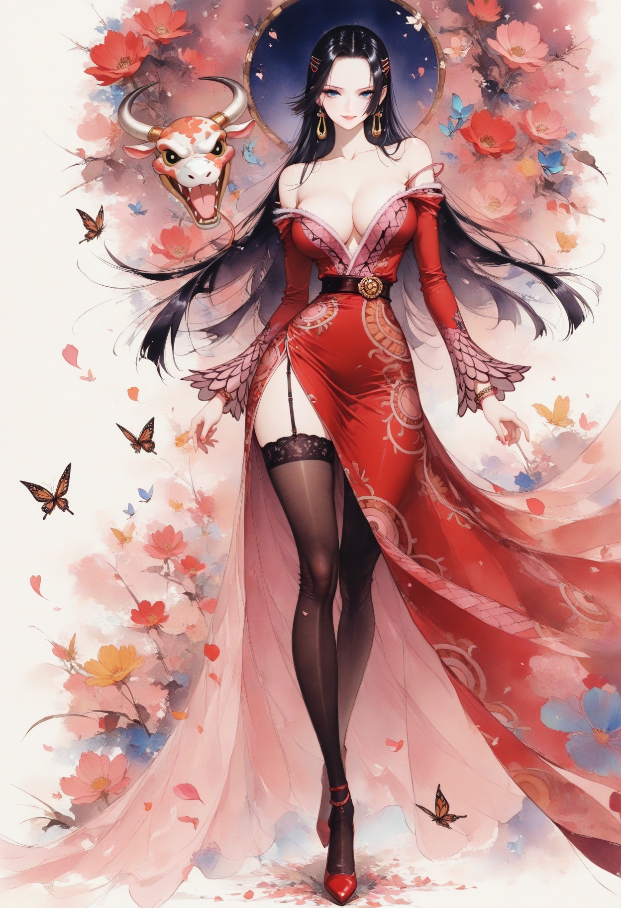 colorink,masterpiece,best quality,amazing quality,very aesthetic,sharp focus,high-end texture,(very awa,year 2024,newest,highres,absurdres),boa hancock,boa hancock\(one piece\)1girl,solo,long hair,narrow waist,long eyelashes,earring,smile,looking at viewer,lips,dress,seductive smile,parted lips,jewelry,hair clip,bracelet,hair ornament,flower,***,butterfly,falling petals,ace-trim,garter straps,thighhighs,full body,dynamic pose,(strap slip),off shoulder,long_sleeves,simple background,