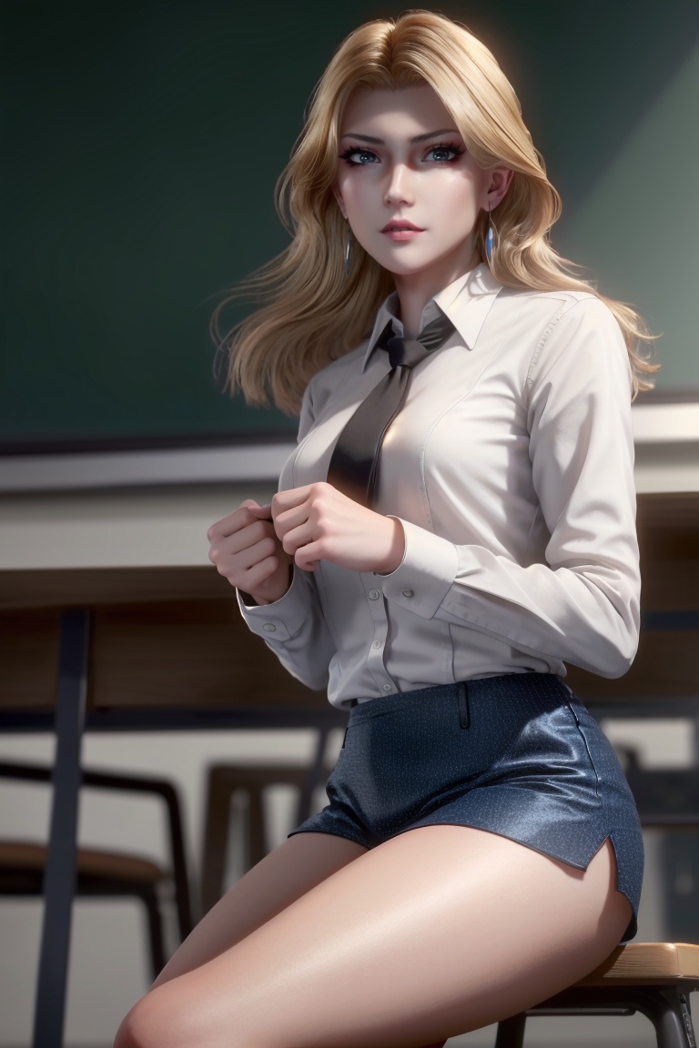 ((HRD, HUD, 8K)),((masterpiece, best quality)), highly detailed,1girl, solo, long hair, blonde hair, blue eyes, makeup, lips, earrings, (white shirt:1.2), necktie, shorts, black pantyhose, simple background, blurry background, classroom, chalkboard, sitting, cowboy shot, looking at viewer, <lora:吞噬星空维妮娜·波莱纳斯_v1.0:0.7>