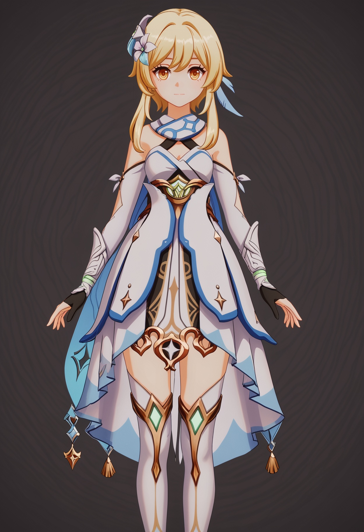 (standing full_body:1.1),score_9,score_8_up,masterpiece,(best quality),intricate details,facing viewer,(looking at viewer:1.1),<lora:YQ_pony_ying_V4:0.8>,q1528437228,1girl,solo,lumine (genshin impact),blonde hair,hair ornament,dress,hair flower,white dress,short hair with long locks,detached sleeves,yellow eyes,scarf,sidelocks,feather hair ornament,gloves,white thighhighs,boots,BREAKscore_9,score_8_up,masterpiece,(best quality),perfect anatomy,(hourglass),perfect face,(simple background,pure black background,black background:1.1),fair_skin,shiny_skin,Ivory_skin,