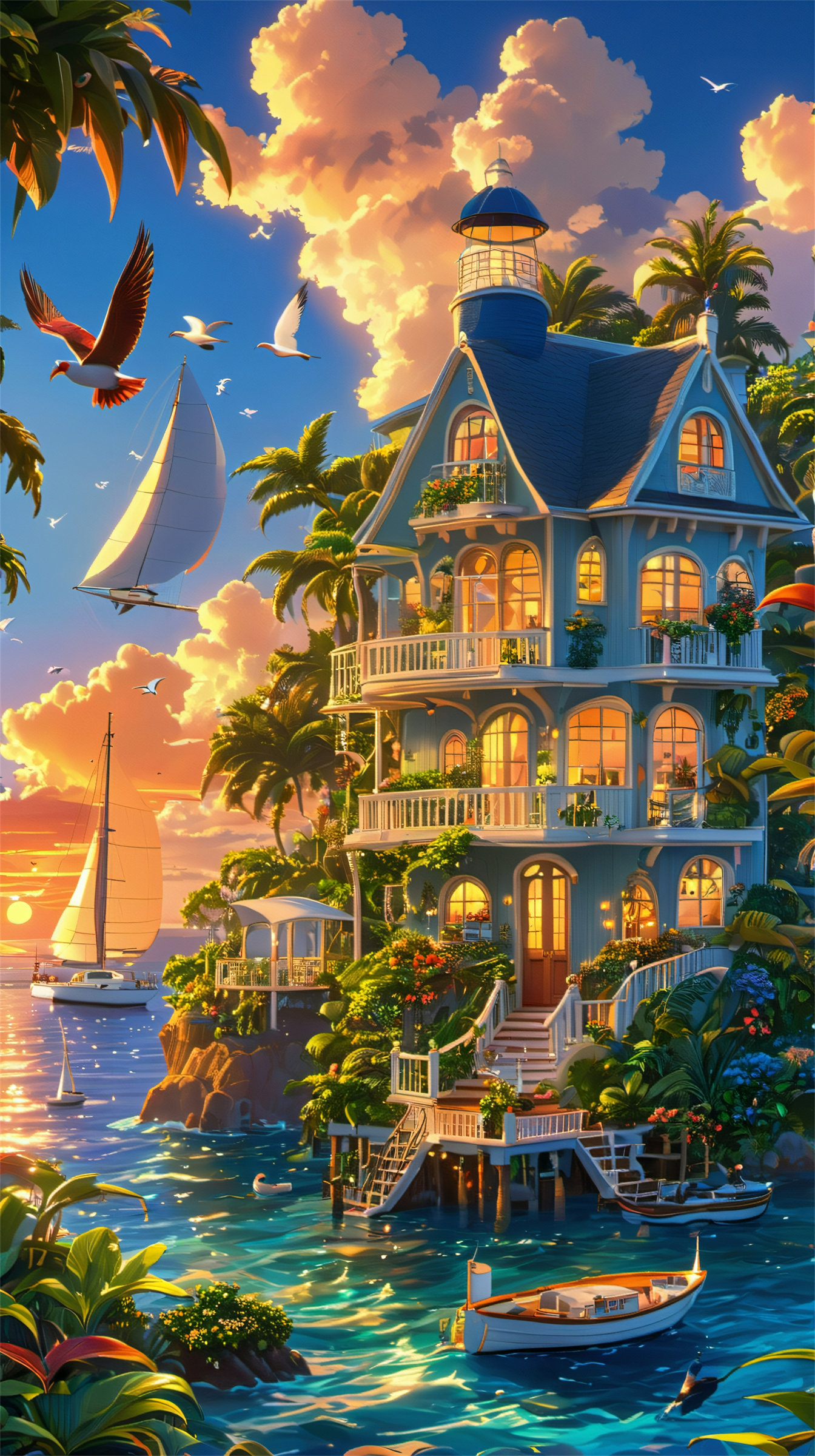 Dream style, scenery, bird, cloud, outdoors, sky,A picturesque coastal house with a vibrant sunset backdrop is surrounded by birds, boats, and lush greenery, with a sailboat gliding on the calm waters.highly detailed,ultra-high resolutions,32K UHD,best quality,masterpiece,<lora:Dream style:0.9>,