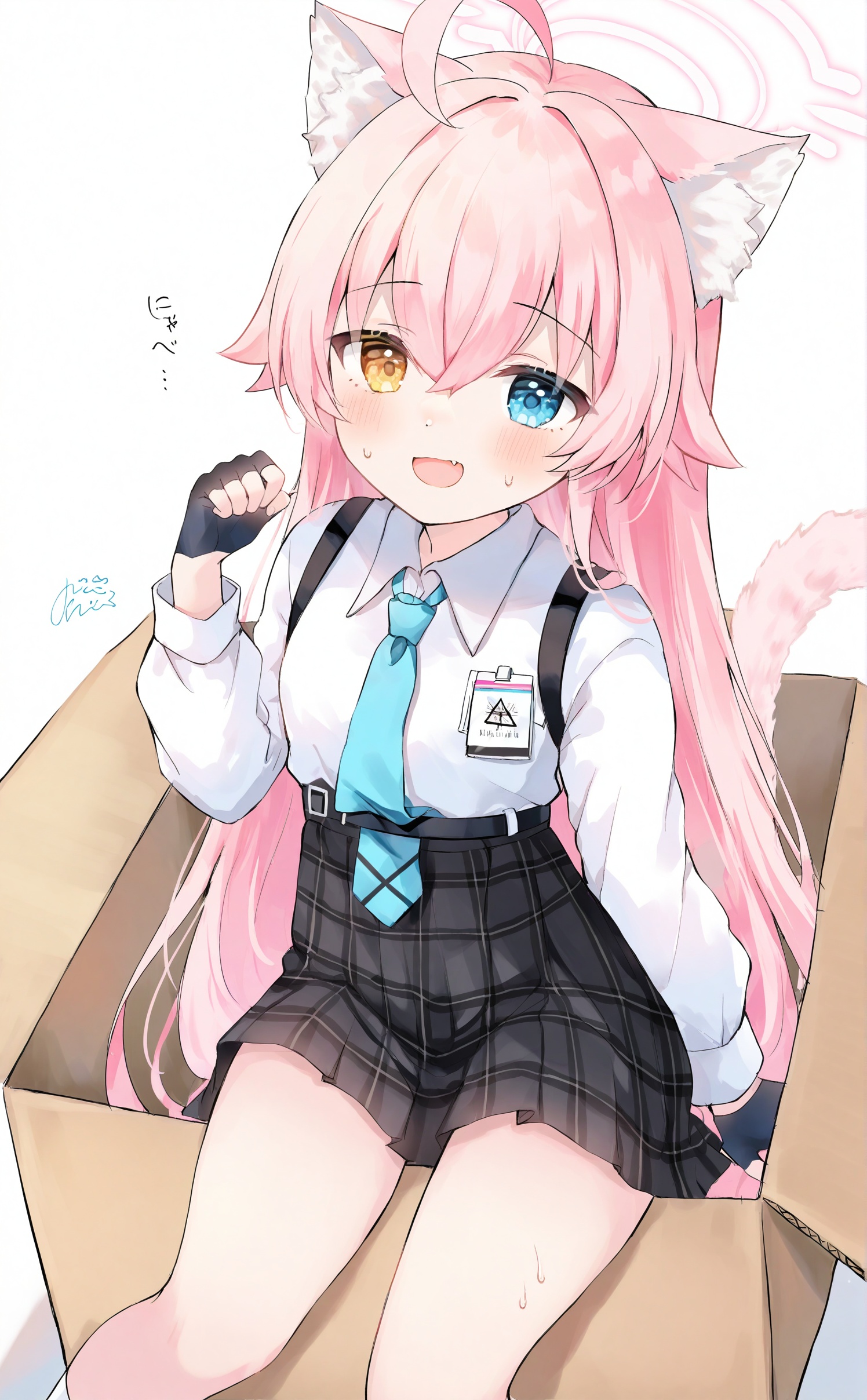 1girl, animal ears, hoshino (blue archive), in box, cardboard box, in container, tail, solo, shirt, necktie, skirt, pink hair, cat ears, cat tail, white shirt, blue eyes, box, long hair, gloves, blue necktie, halo, ahoge, heterochromia, plaid skirt, open mouth, plaid, fingerless gloves, collared shirt, blush, long sleeves, looking at viewer, white background, black gloves, yellow eyes, pink halo, hair between eyes, kemonomimi mode, paw pose, animal ear fluff, black skirt, signature, pleated skirt, simple background, very long hair, sweat, cat girl, smile, id card, hand up, fang, grey skirt, sweatdrop, tail raised, nervous smile, shirt tucked in, :d, dated, <lora:rucaco-000038:1>