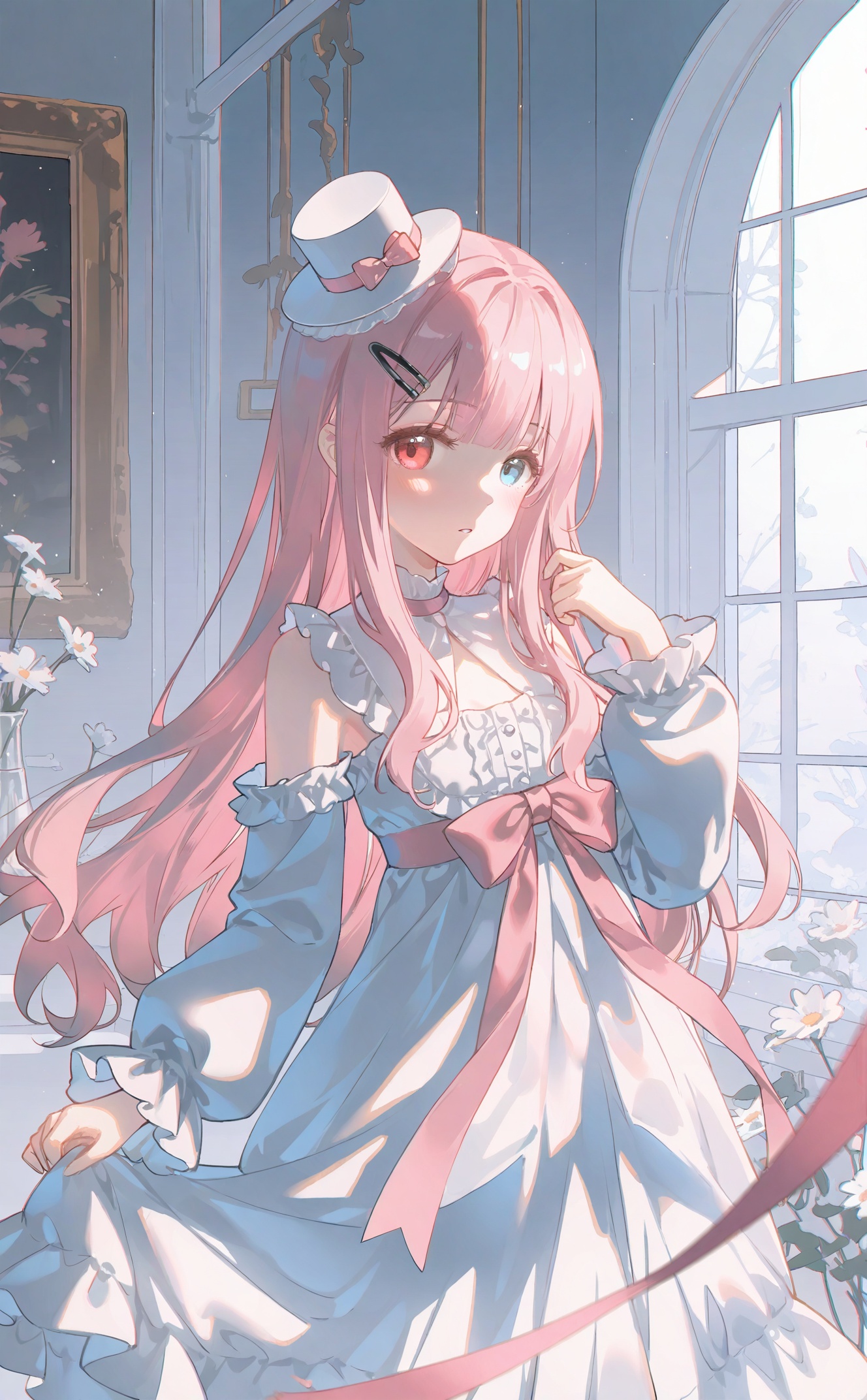 masterpiece,very aware,highres,absurdres,newest,best quality,loli,petite,high quality,chromatic_aberration,cinematic_angle,dutch angle, nyalia, //,artist:ciloranko,artist:ningen_mame,artist:sho_(sho_lwlw),artist:rhasta,artist:wlop,artist:ke-ta,artist:hiten \(hitenkei\),//,1girl, solo, long hair, breasts, looking at viewer, blush, bangs, blue eyes, hair ornament, red eyes, long sleeves, hat, dress, bow, ribbon, bare shoulders, twintails, very long hair, hair ribbon, pink hair, white hair, multicolored hair, small breasts, frills, parted lips, detached sleeves, hairclip, puffy sleeves, virtual youtuber, hand up, pink eyes, white dress, window, black headwear, strapless, gradient hair, heterochromia, frilled dress, strapless dress, puffy long sleeves, pink ribbon, mini hat, top hat, skirt hold, tilted headwear, mini top hat<lora:maomao-000055:0.8>,