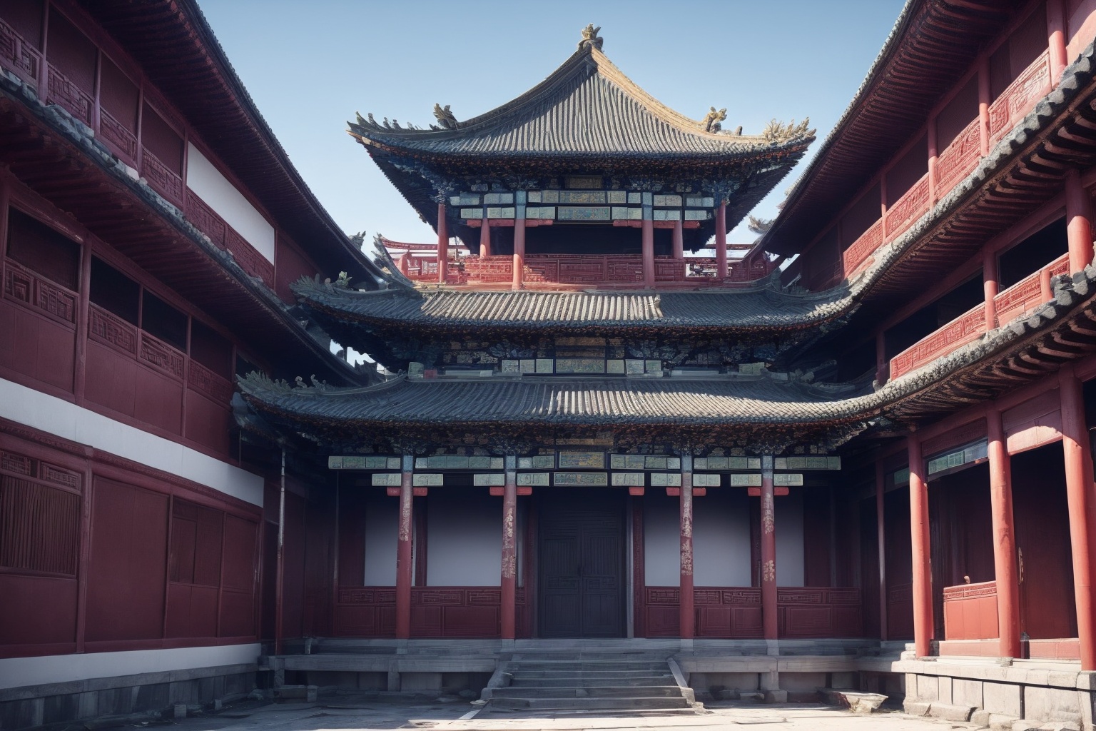 <lora:AgainGuofengStyle:1>,AgainGuofengStyle, architecture, east asian architecture, scenery, no humans, sky, outdoors, day, stairs, building, blue sky,