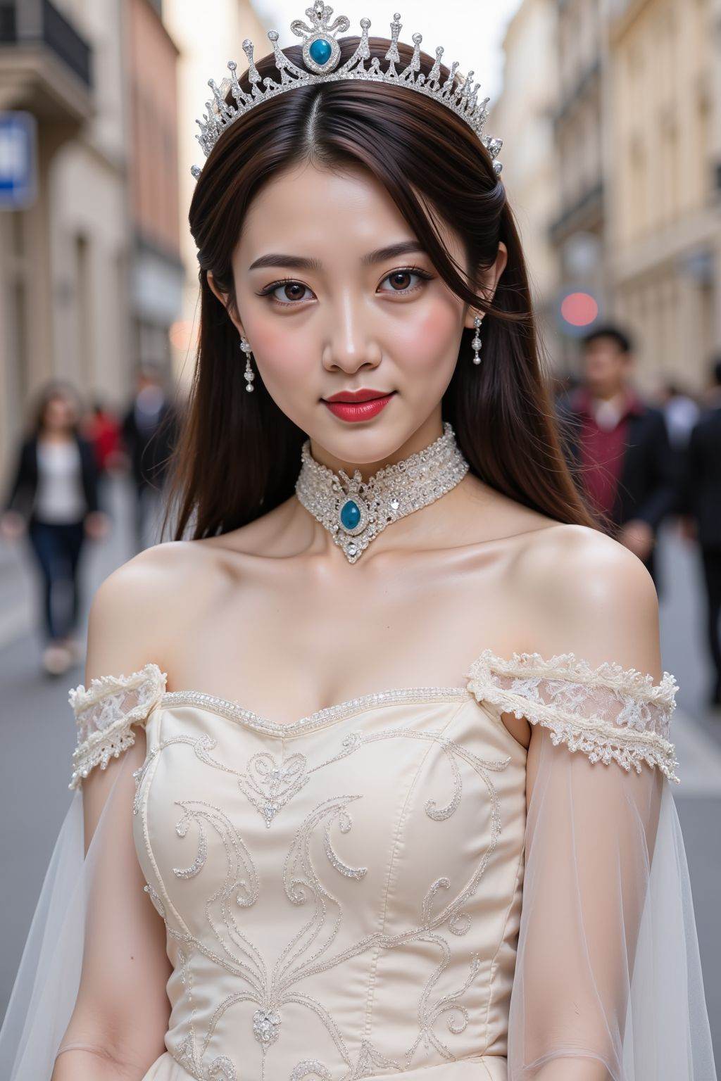 The image features a young woman standing in the center of a street with blurred figures walking in the background. She has long, straight, dark brown hair that falls past her shoulders. On her head, she wears a silver tiara adorned with intricate designs and small gemstones. Her face is framed by neatly styled hair, and she has striking, large, dark eyes with defined eyebrows. Her lips are painted a vivid red color. She is dressed in an elegant, off-white or cream-colored dress that appears to be a wedding gown. The dress has a high, choker-style collar with a decorative brooch featuring a blue gemstone at the center. The bodice of the dress is fitted and features delicate embroidery and lace details. The sleeves are off-the-shoulder with sheer, lace fabric that extends to the wrists, creating a flowing, ethereal effect. The skirt of the dress is full and also adorned with intricate embroidery. The background consists of a street scene with buildings on either side, and several people are visible walking or standing in the distance. The overall lighting suggests it is daytime, and the atmosphere is somewhat formal, likely a special occasion or event. The woman's posture is upright, and she is looking directly at the camera with a composed expression.