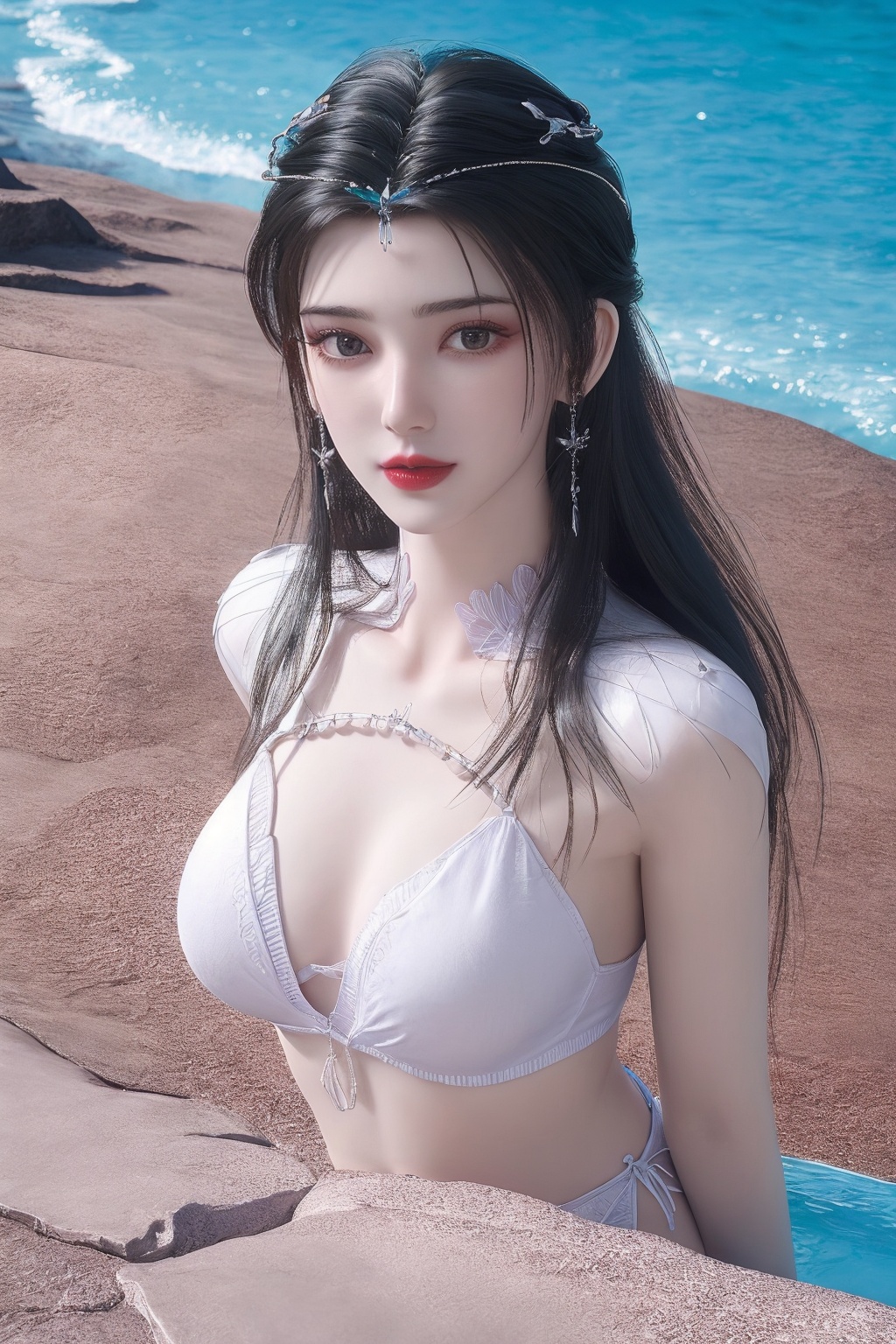 1girl, (full body:1),arm support, beach, bikini, bikini bottom, black hair, blurry, blurry background, breasts, brown eyes, cleavage, collarbone, day, depth of field, front-tie top, horizon, jewelry, lips, long hair, looking at viewer, lying, medium breasts, navel, necklace, o-ring, ocean, outdoors, parted lips, pool, red lips, sand, shore, sitting, solo, swimsuit, water, waves, white bikini  <lora:dingdang-limuwanxfxv2:0.8>