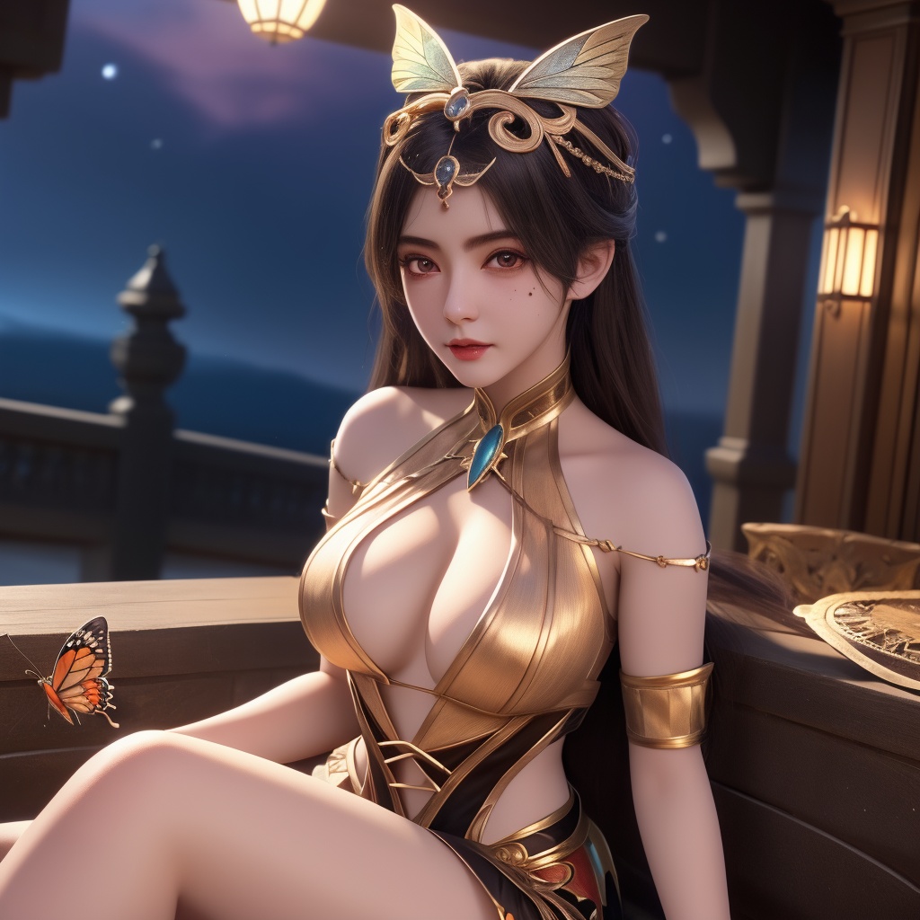 <lora:780-DA-神澜奇域-主持人:0.8>, (,1girl, ,best quality, ),looking at viewer,  ,ultra detailed background,ultra detailed background,ultra realistic 8k cg, ,masterpiece, (( , )),,  fiction,mole, , ,      ,, 1girl,butterfly sitting,  night, star_\(sky\)(cleavage),,