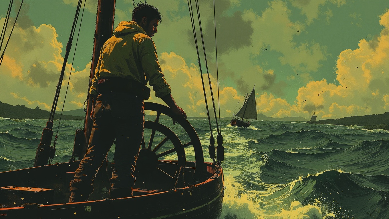 A solitary sailor,  weathered by the sea,  standing at the helm of a small boat. The ocean around him is vast and turbulen...