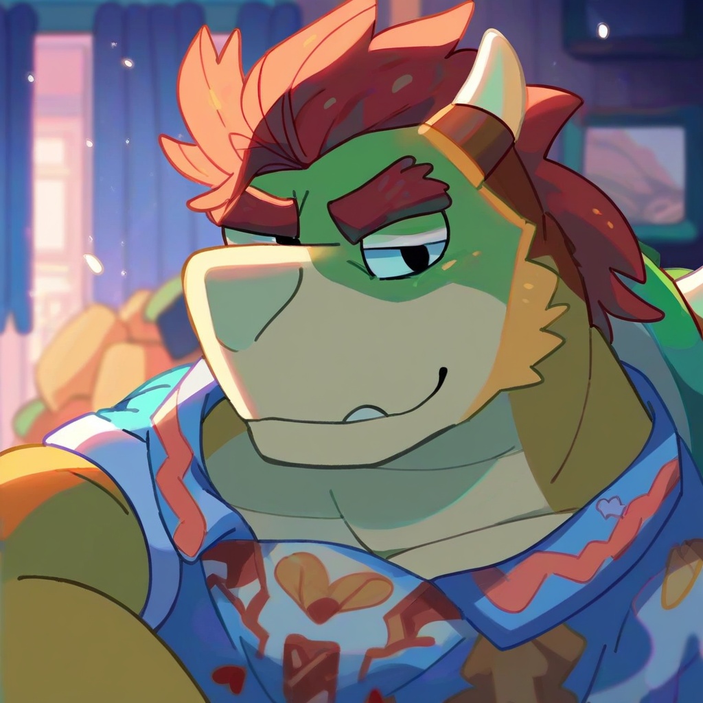 safe_pos, score_9, score_8_up, score_7_up, score_6_up, score_5_up, score_4_up, source_furry, hi res, bedroom, blurred background, particles, solo, Bowser, looking at viewer, closed mouth, male, muscular, Bluey style