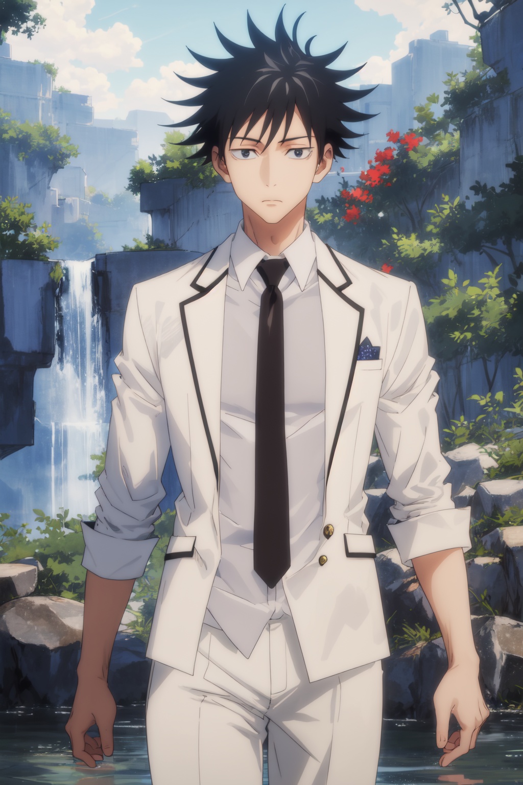 <lora:Fushiguro-000016:0.9>,Fushiguro CYQL,1boy,looking at viewer,solo,male focus,black hair,short hair,spiked hair,black eyes,burgundy suit, white dress shirt, patterned tie, brown leather oxfords,cowboy_shot,from_below,Within a mountain ravine, a waterfall plunges like a white silk ribbon, its roar deafening. Mist sprays everywhere, creating rainbows as sunlight pierces through the droplets, shimmering with a spectrum of colors,beautiful detailed sky,beautiful detailed glow,masterpiece,best quality,beautiful and aesthetic,wallpaper,