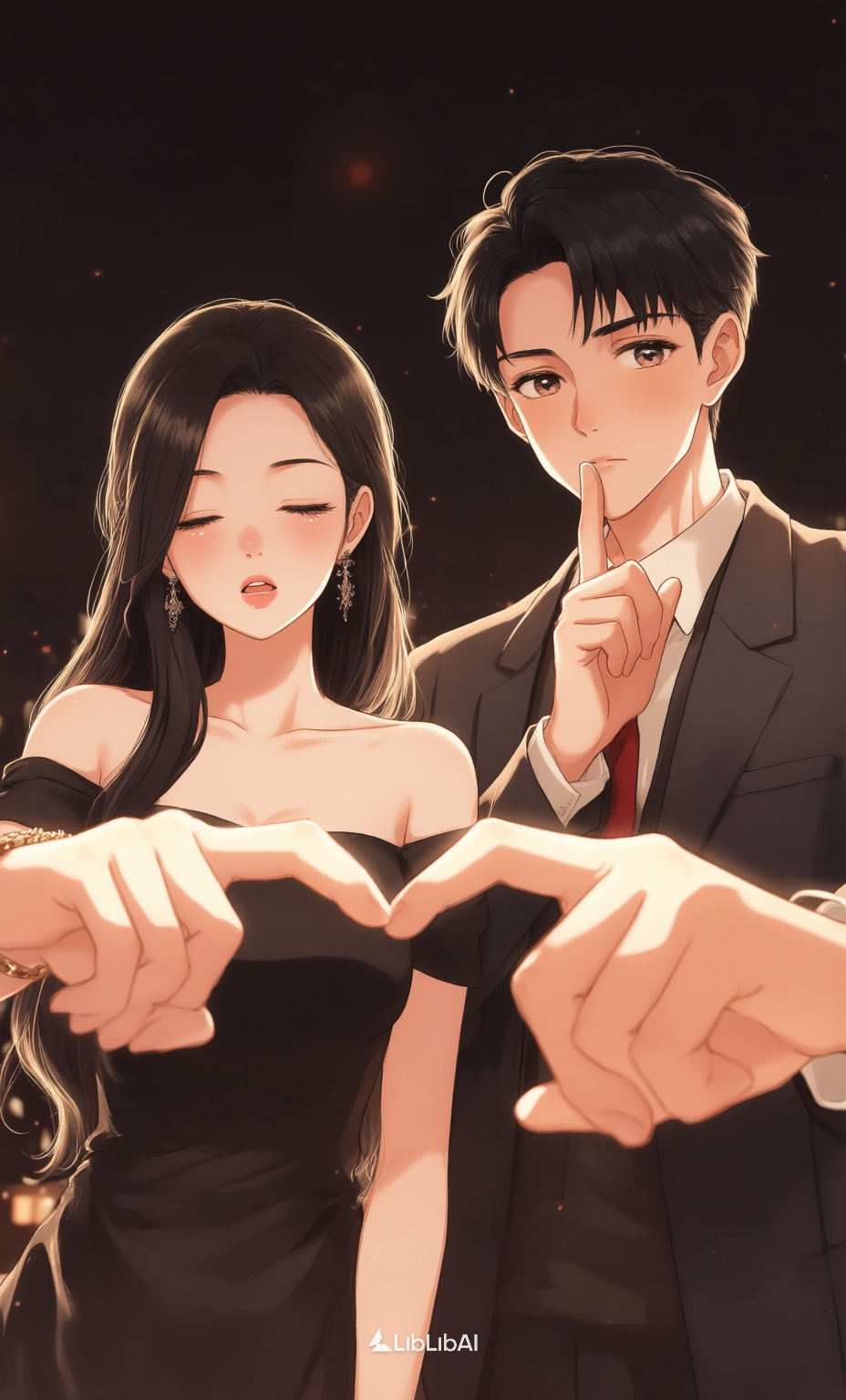 治愈系动画,一个浪漫的动漫风格的数字插图从前置摄像头的角度拍摄,讲述了一对夫妇在黑暗的背景下用手指做一个安静的手势,图像还显示了两个角色,一个女人和一个男人,并排站在图像的中间,左边的女人有一头长长的黑发,穿着一件黑色露肩连衣裙,光着肩膀,她的表情是中性的,闭着眼睛,嘴唇微微张开,她还戴着耳环,左手戴着手镯,在右边,那个留着整洁的黑色短发的男人站在那里,手指放在嘴唇上,穿着深色西装,打着红色领带,他表情严肃,直视着观众,灯光柔和温暖,营造出浪漫的氛围,, Negative prompt: ng_deepnegative_v1_75t,(badhandv4:1.2),EasyNegative,(worst quality:2),多手指,多手臂,多脚,,nsfw, Steps: 28, Sampler: Euler, CFG scale: 3.5, Seed: 1528565510, Size: 928x1536, Model hash: 98763a1277, Model: Qwen-Image_1.0.safetensors, Denoising strength: 0, RNG: CPU, Lora 1: 治愈系动画, Lora Hash 1: f84af1927a, Lora Weight 1: 0.9, vae_name: automatic
