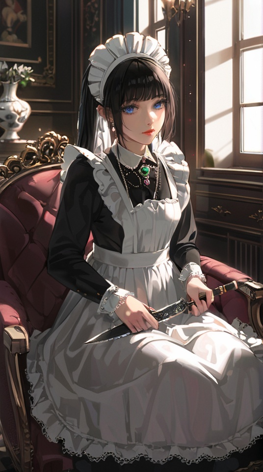 (best quality), ((masterpiece)), (highres), illustration, original, extremely detailed,1girl, knife, maid headdress, solo, maid, holding, black hair, blue eyes, jewelry, indoors, dagger, dress, holding knife, weapon, apron, bangs, looking at viewer, sitting, maid apron, window, long hair, holding weapon, frills, necklace, couch, gem, long sleeves, mole under mouth, mole, black dress, holding dagger, blunt bangs