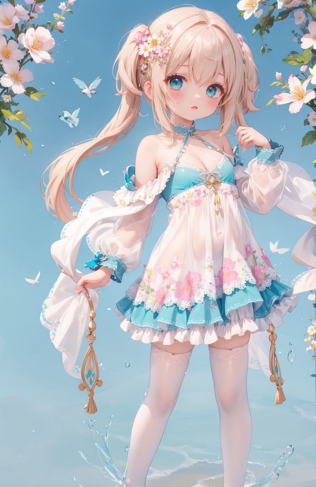 masterpiece,best quality,absurdres,1girl,solo,beautiful detailed girl,fine and beautiful detailed skin,aqua dress,white thighhighs,bare shoulders,collarbonea,cleavage,perky breasts,unbuttoned clothes,extremely detailed beautiful background,CG,8K wallpaper,floral_background,full body,flat chest,