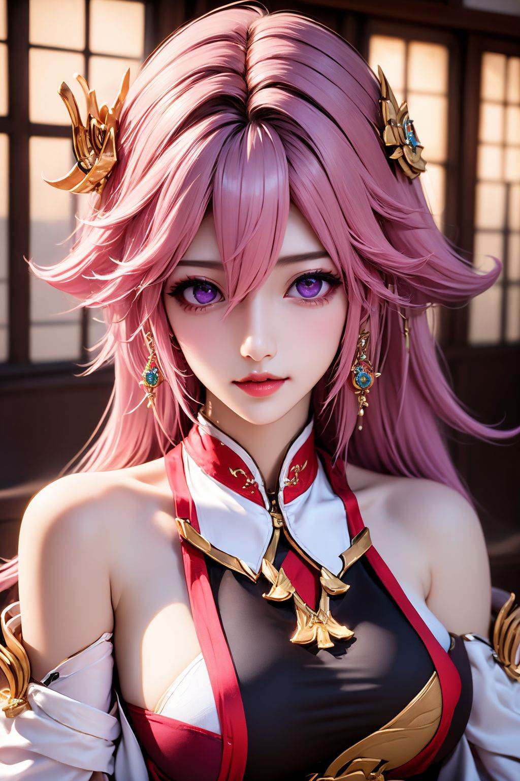 <lora:20250818_AgainAnimeGirlLora9:1>, 1girl, yae miko, solo, pink hair, purple eyes, breasts, looking at viewer, long hair, bare shoulders, jewelry, lips, upper body, hair between eyes, detached sleeves, earrings, hair ornament