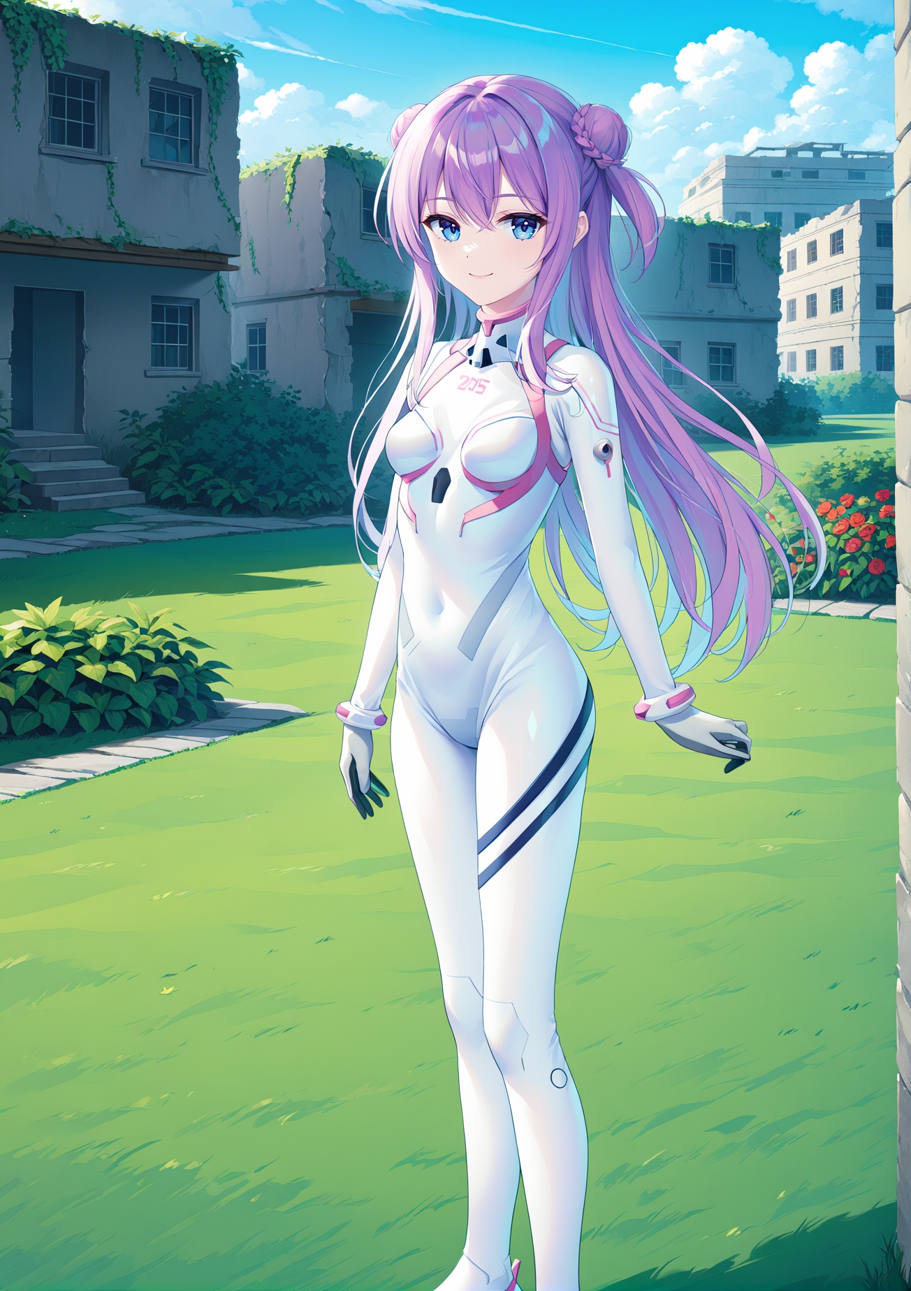 (masterpiece), (best quality), illustration, ultra detailed, hdr, Depth of field, (colorful),[rimuu:0.6, himitsu \(hi mi tsu 2\):0.5,haneru,],ruin,ruin city,  Evasuit08,plugsuit,white bodysuit, Lia, 1girl, double bun, blue eyes, purple hair, braid, shiny hair, very long hair, smile,standing,garden,looking at viewer,  <lora:Eva08XLAni3:1>,<lora:LiaXLani3:1>