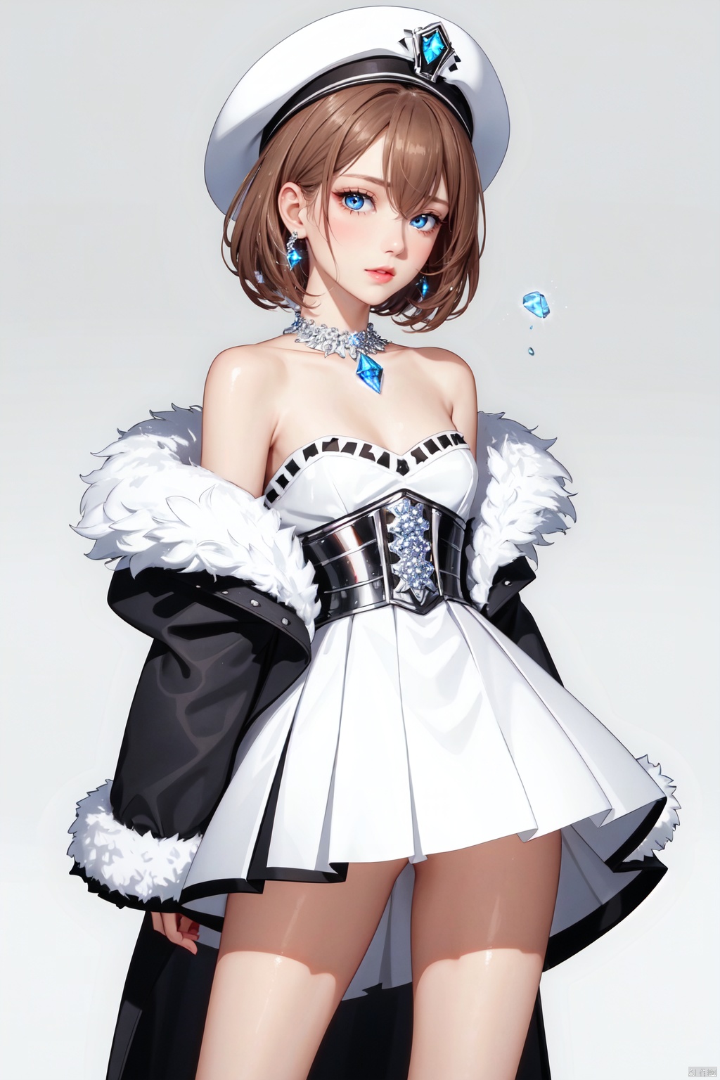 realistic style, cinematic work, 8k wallpaper, masterpiece, very realistic quality, best quality, masterpiece, high-level, high-resolution,,,edge lighting, dual tone lighting, soft lighting, the illuminated surface of the material has bright spots and highlights, which flicker and have a mirror effect when reflected, there are sparkling spots on the armor,,,1 girl, mature female, solo, full body, looking at viewer, lace, strong rim light, standard proportion of female body, golden proportion of female body,,,standing, standing posture, sexy full body standing posture,,,,(hdn301, cowboy lens,1girl, blue eyes, hair between eyes, short hair, brown hair, white headwear, bangs, blush,bare shoulders, dress, long sleeves, fur trim, hat, shoes, white dress, bare legs, short dress, spaghetti strap, ribbon, wide sleeves, off shoulder, open clothes, ankle ribbon, jacket, frilled hat, frills, cross-laced clothes, leg ribbon, buttons, small breasts, dot nose, open jacket, breasts, sleeve cuffs, sleeves past wrists, white ribbon, tareme, pleated dress, coat, pom pom, platform footwear, white jacket, blue ribbon,:1.2),,bare shoulders, off shoulder, black hairband, bikini bottom only, short dress, swimsuit, pleated dress, bikini, floating hair, blush, ass visible through thighs, skirt,white high-heeled shoes,:1.2),,,colorful,(detailed skin: 1.3), (detailed face: 1.3),clear focus,delicate,(mature women: 1.2),(glossy skin+glossy skin: 1.4),(sweating: 1.1),(big_eyes),red_ eyeshadow,long_ eyelashes, red lips,,,simple background, grey background,,,(diamond hair accessories, diamond necklaces, diamond earrings, diamond earrings, clothes embedded with diamonds, armor embedded with diamonds,:1.3)<lora:EMS-325509-EMS:0.280000>