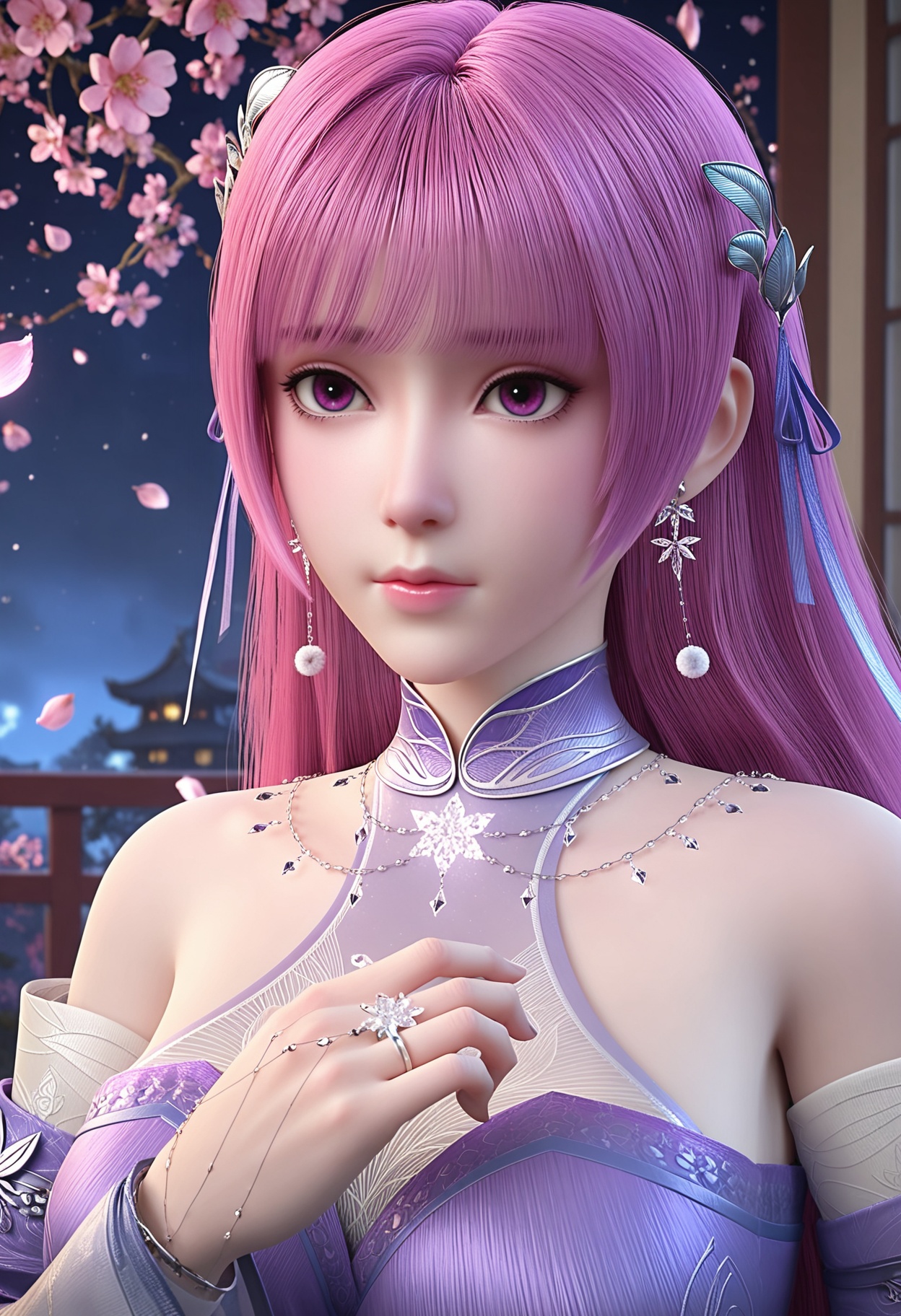 (upper_body:1.2),(looking at viewer:1.1),masterpiece,(best quality),smog,Dark room,dim lighting,peach blossom,falling petals,<lora:YQ_Illustrious光辉v5_叶紫芸_V1:0.8>,q1528437228,1girl,solo,long hair,hair ornament,jewelry,chinese clothes,dress,earrings,pink hair,purple hair,purple eyes,detached sleeves,blunt bangs,pantyhose,thighhighs,pink eyes,ribbon,wide sleeves,hair ribbon,very long hair,necklace,ring,see-through,shoes,