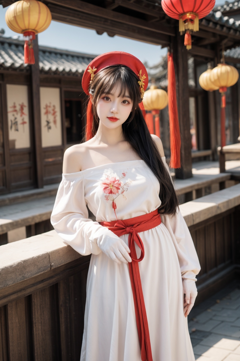 Chinese New Year, red traditional clothing, expression of happiness and joy, Chinese traditional clothing,��Chinese style, traditional building background, screen, traditional ink painting style, Chinese girl, beautiful girl, long hair,1girl, solo, long hair, hat, white background, very long hair, red dress, flower, red headwear, holding, dress, full body, high heels, white flower, large hat, hat flower, simple background, lantern, gloves, black gloves, bangs, standing, pantyhose, twintails, grey hair, watson cross, tassel, hair ornament, frills, hair flower, black pantyhose, closed mouth, looking at viewer, bare shoulders, breasts, off shoulder, detached sleeves, wide sleeves, weibo username, hat ornament, bow, off-shoulder dress, over shoulder, jewelry, long sleeves, copyright, elbow gloves