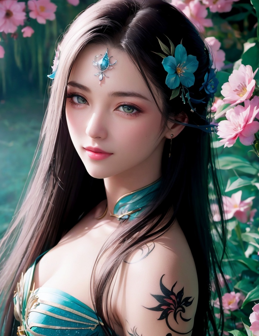 <lora:525-DA-斗破苍穹-萧薰儿-V2:0.8>(,1girl, ,best quality, ),looking at viewer,  ,,ultra detailed background,ultra detailed background,ultra realistic 8k cg,, ,masterpiece, (( , )),ultra realistic 8k cgSurrounded by strange, movie perspective, advertising style, Colorful background, splash of color A beautiful woman with delicate facial features,tattoo all over body, flower arms,from above, age), (),