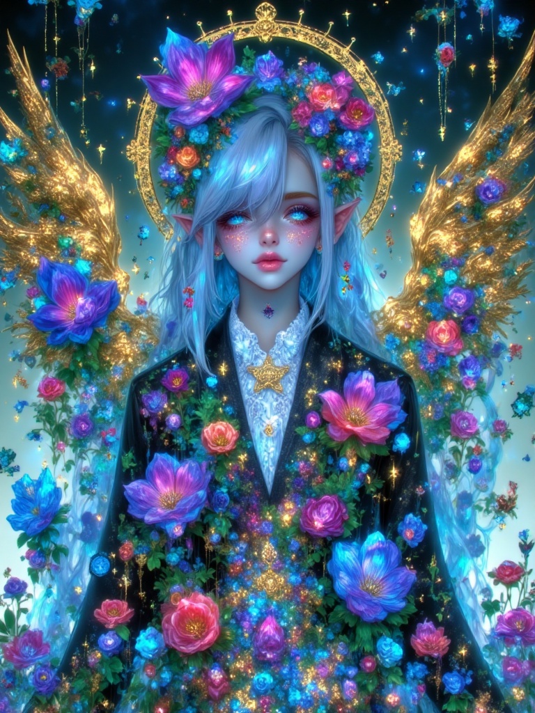 Front shot Surreal and dreamy illustration of a woman adorned with vibrant flowers. The woman has pale skin and wears a colorful and vibrant floral magical robe. Long straight light blue hair. Light blue eyes She has a perfect figure and is looking at you. Her bright light blue eyes are illuminated by the sunlight. Angel wings made of gold thread spread wide on her back. The whimsical and vibrant style is detailed and highlights the high contrast and fantasy theme. Long shot of a vast landscape taken with a DSLR null