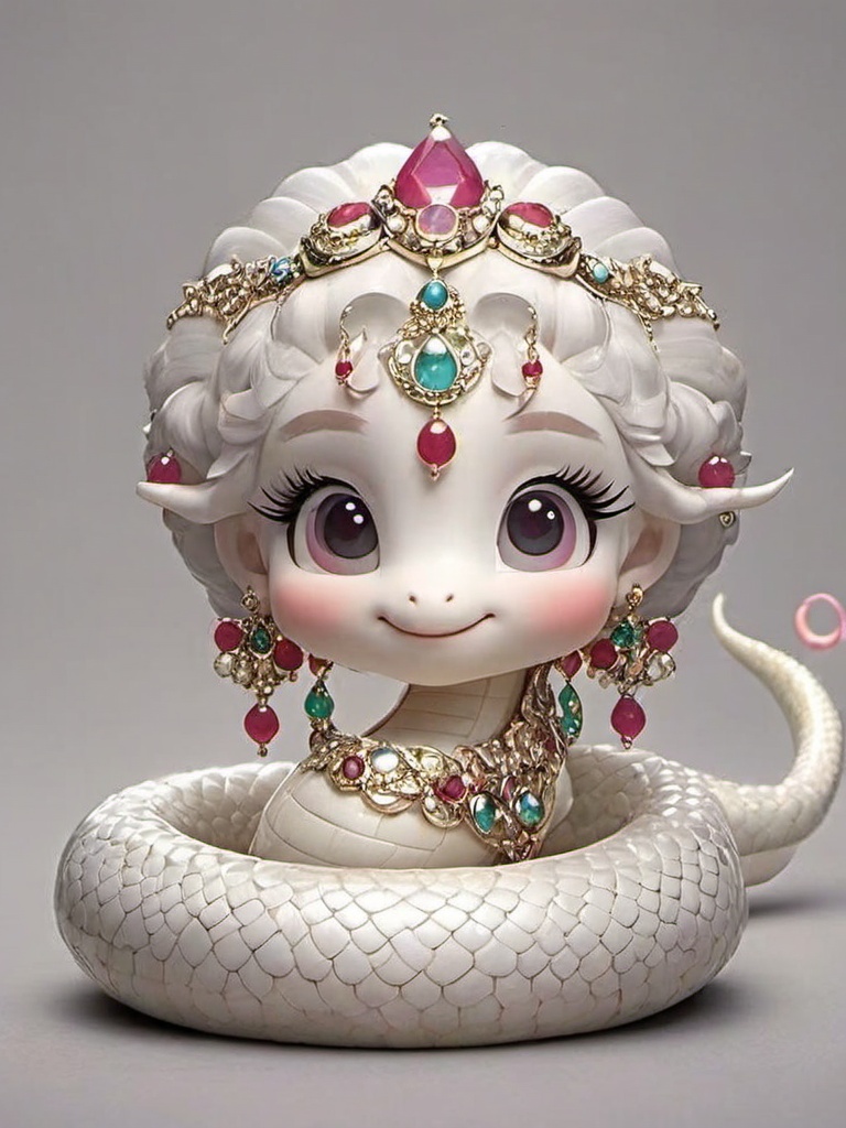 shebb, no humans, solo, jewelry, blush, looking at viewer, gem, grey background, full body, smile, simple background, lamia, hair ornament, earrings, scales, closed mouth,<lora:shebb:0.8>,, masterpiece, best quality,