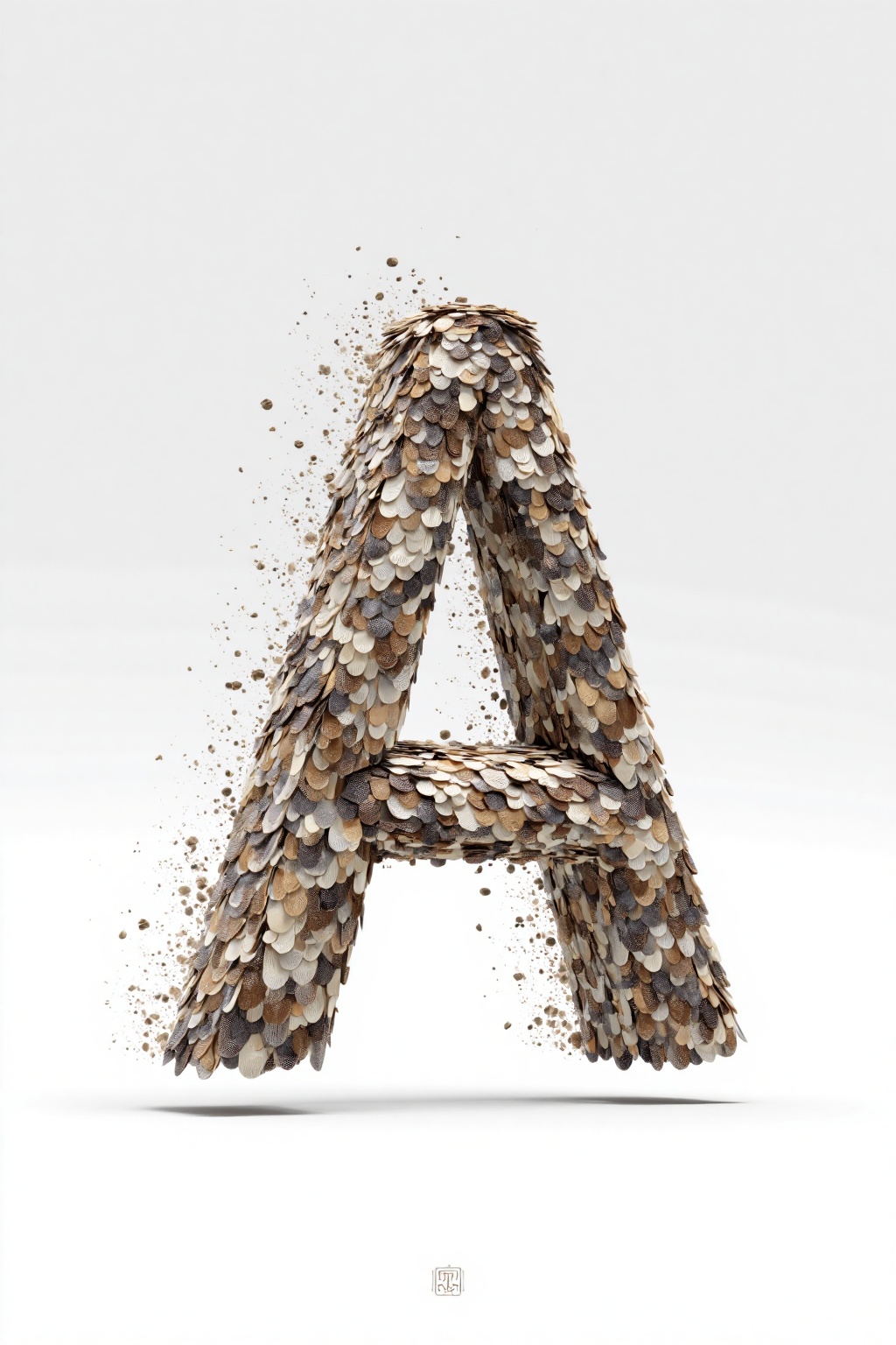 beijihui,3D icon design of letter 'A', **** of moth wing scale mosaic in soft taupe and cream tones, dust-**** flutter as if caught in a breeze, hyperrealistic, hyperdetail, natural-tech, front view, studio lighting, 100mm lens, white solid background