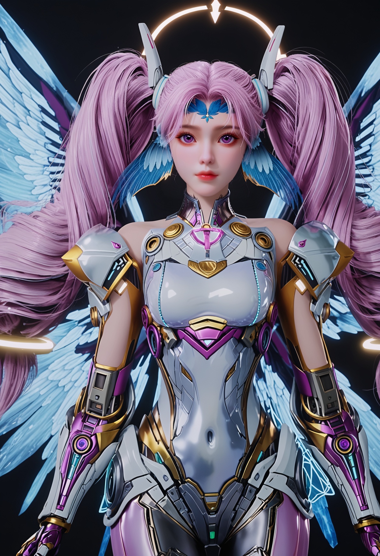 (score_9:1.1),(perfect_anatomy:1.1),upper_body,blurry background,depth of field,(looking_at_viewer:1.1),<lora:YQponyaichenV3:0.8>,1girl,solo,long_hair,pink_hair,twintails,purple_eyes,wings,armor,purple_hair,bodysuit,drill_hair,blue_hair,halo,mechanical_wings,android,multicolored_hair,realistic,robot,science_fiction,bare_shoulders,mecha,bangs,head_wings,blue_eyes,gloves,covered_navel,pink_eyes,alternate_costume,facial_mark,parted_bangs,ponytail,cyborg,headgear,high_heels,robot_joints,feathers,jewelry,(simple background,pure black background,black background:1.3),fair_skin,white_skin,shiny_skin,Ivory_skin,perfect_anatomy BREAK perfect_anatomy,(score_9:1.1),cinematic lighting,volumetric lighting,professional lighting,fair_skin,white_skin,shiny_skin,Ivory_skin,perfect_anatomy,