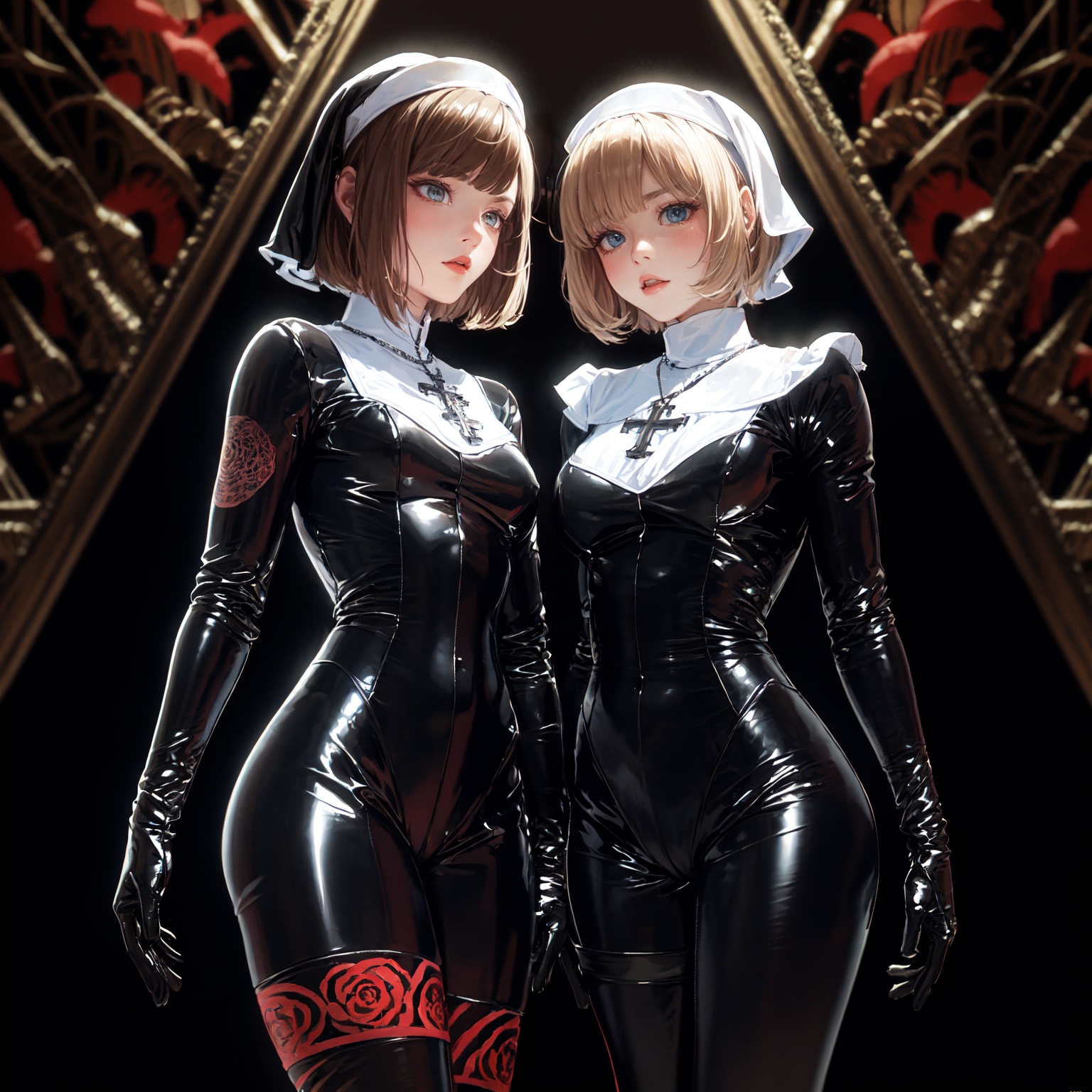 tutututu, (nun),(cross necklace), latex bodysuit, shiny clothes, skin tight, habit, latex gloves, latex legwear, black bodysuit, thigh boots,official art, unity 8k wallpaper, ultra detailed, beautiful and aesthetic, masterpiece, best quality, (zentangle, mandala, tangle, entangle), (fractal art:1.3) , 1girl, red flowers,  extremely detailed, dynamic angle, cowboyshot, the most beautiful form of chaos, elegant, a brutalist designed, vivid colours, romanticism, by james jean, roby dwi antono, ross tran, francis bacon, michal mraz, adrian ghenie, petra cortright, gerhard richter, takato yamamoto, ashley wood, atmospheric,<lora:tutuXV_00002:0.7>