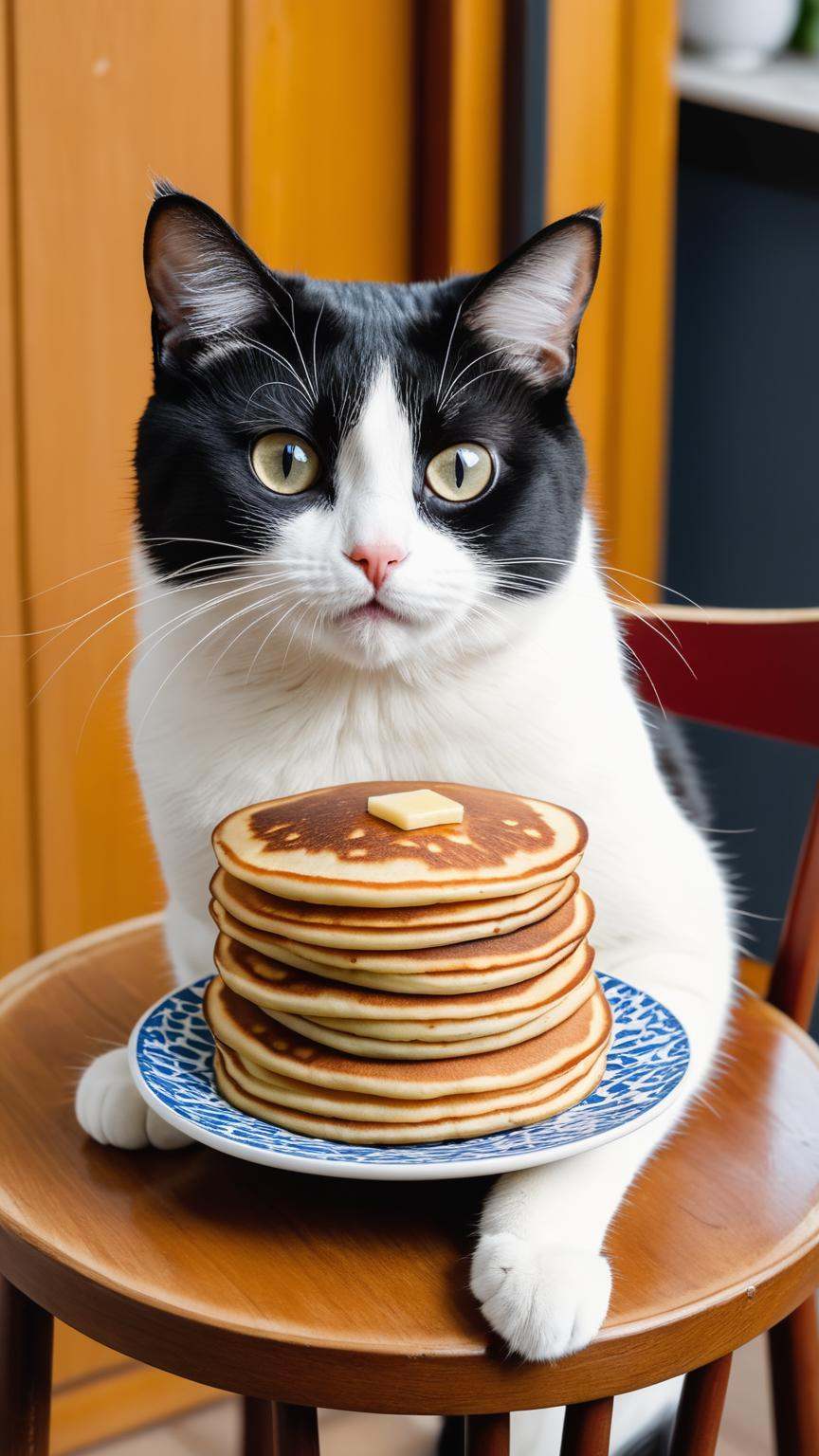 A cat with a funny face sits on a wooden chair and looks at a stack of blini pancakes, detailed black and white cat