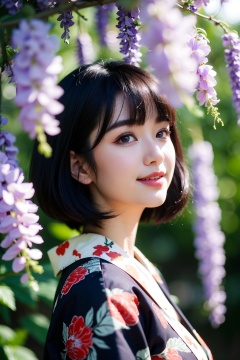 i want the whole image to be created in 3D anime style,1girl,solo,looking at viewer,smile,short hair,bangs,black hair,hair ornament,closed mouth,purple eyes,upper body,purple hair,flower,multicolored hair,japanese clothes,kimono,blurry,from side,lips,parted bangs,eyelashes,depth of field,blurry background,bug,animal print,butterfly,butterfly hair ornament,haori,demon slayer uniform,butterfly print,wisteria,kochou shinobu,