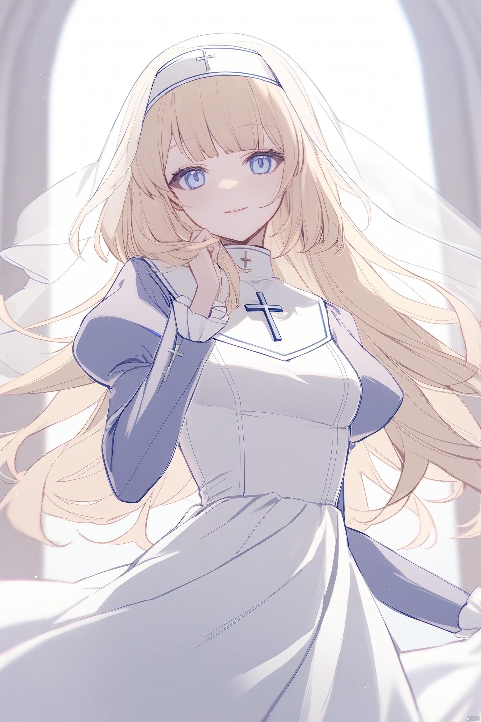1girl, solo, long hair, looking at viewer, smile, bangs, blue eyes, blonde hair, long sleeves, dress, closed mouth, cowboy shot, puffy sleeves, hand up, white dress, cross, juliet sleeves, veil, nun, habit