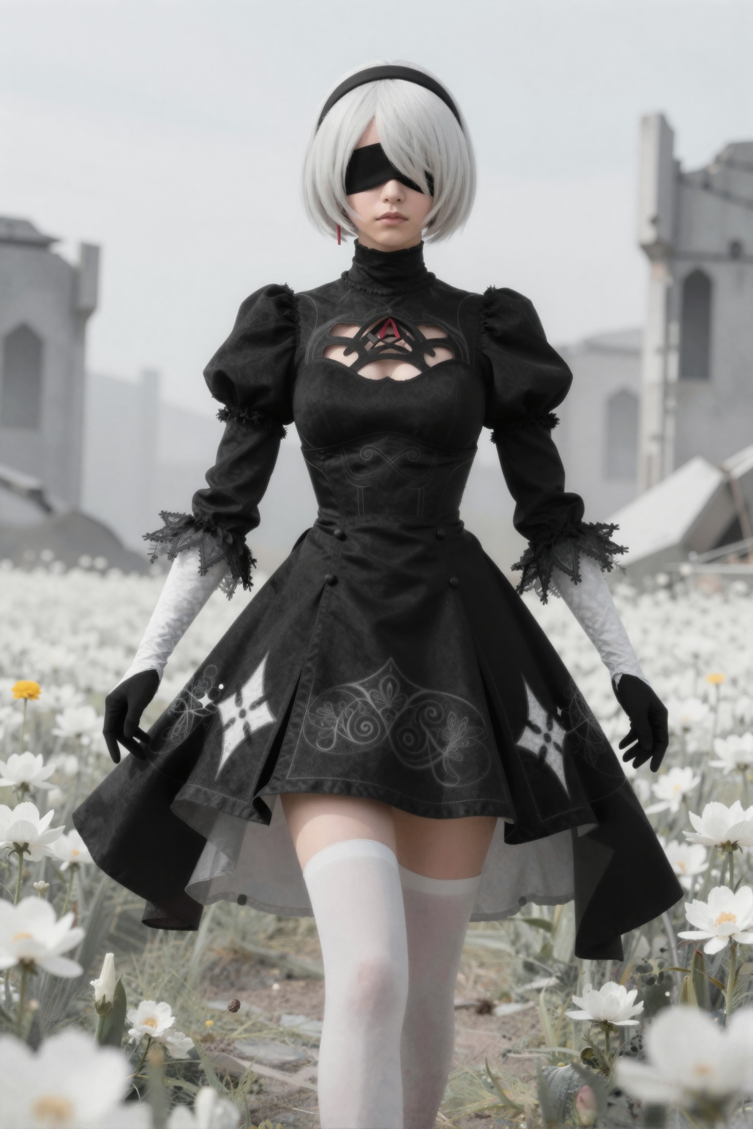 2B (Nier:Automata): "A beautiful full-body portrait of 2B from Nier:Automata in a delicate anime style. She wears her eleg...