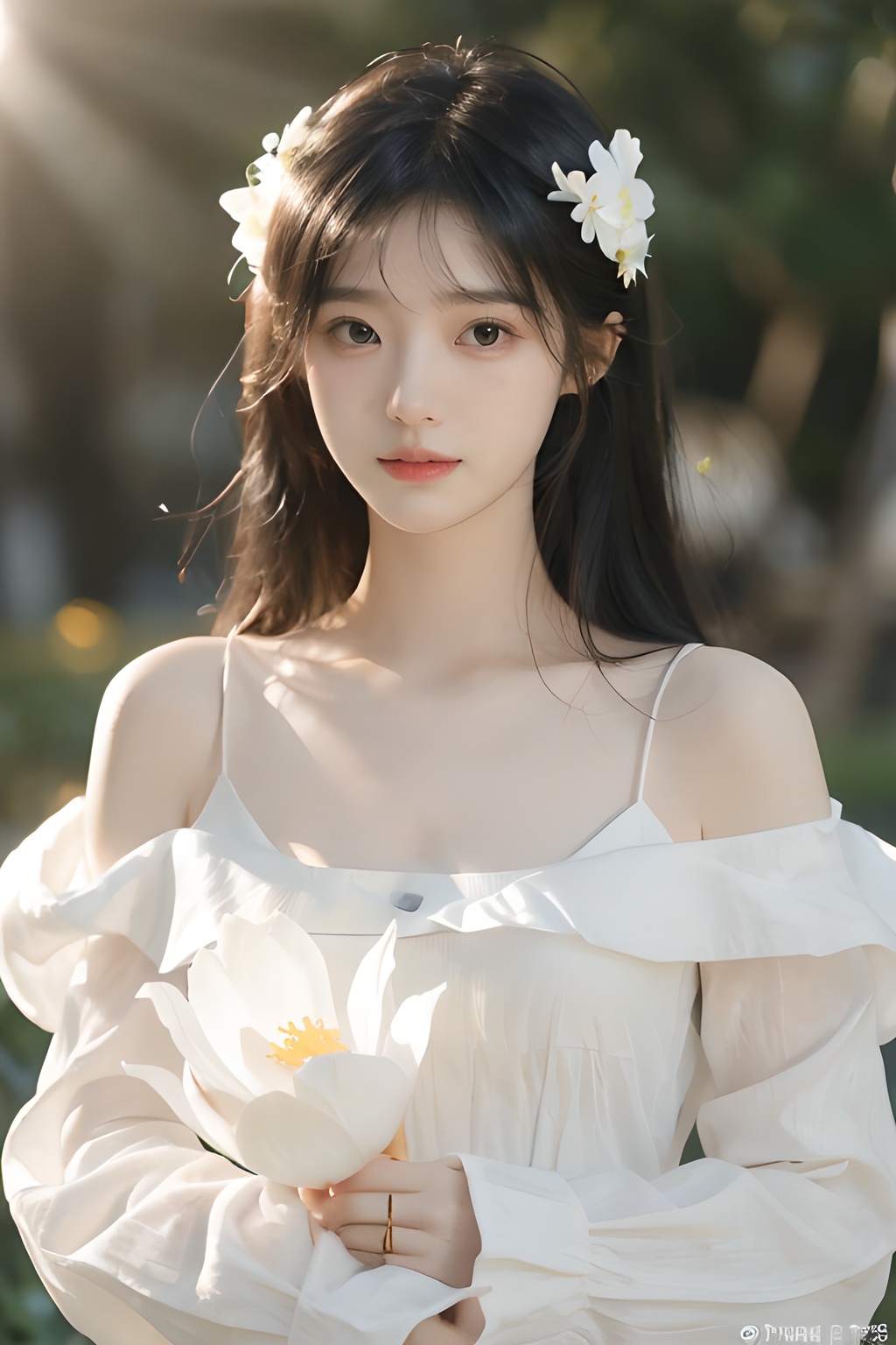 1girl, solo, black hair, black eyes, flower,Light, (sunlight:1.4), blurry background, long hair, bangs, blurry, upper body, hair flower, closed mouth, hair ornament, realistic, long sleeves, blunt bangs,  white dress, lips, white shirt, <lora:YG青春阳光女孩:0.85>,