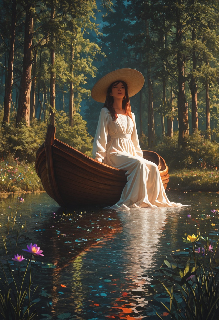 Create a photorealistic image of a brown canoe on a waterlily lake,  a woman from behind wearing astraw hat and a long whi...