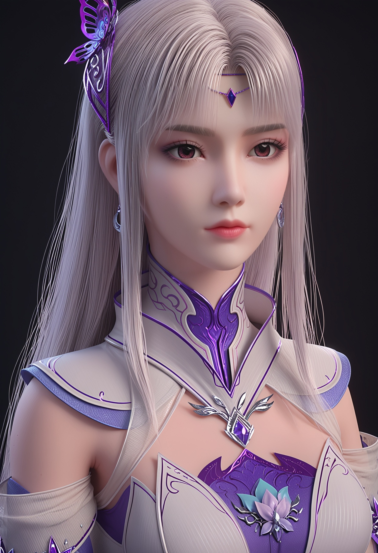 perfect_anatomy,(score_9:1.1),(upper_body:1.1),(looking_at_viewer:1.1),<lora:YQ_pony_xiaoyixian_V4:0.8>,1girl,solo,long hair,hair ornament,dress,realistic,jewelry,earrings,brown eyes,see-through,braid,tattoo patterns,sash,parted bangs,purple eyes,detached sleeves,perfect_anatomy BREAK (perfect_anatomy:1.1),mature female,(simple background,pure black background,black background:1.1),fair_skin,white_skin,shiny_skin,pale skin,Ivory_skin,(cinematic lighting),
